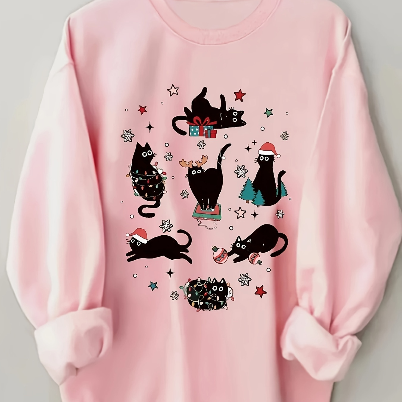 

Christmas Cats Print Pullover Sweatshirt, Casual Long Sleeve Crew Neck Sweatshirt For Spring & Fall, Women's Clothing