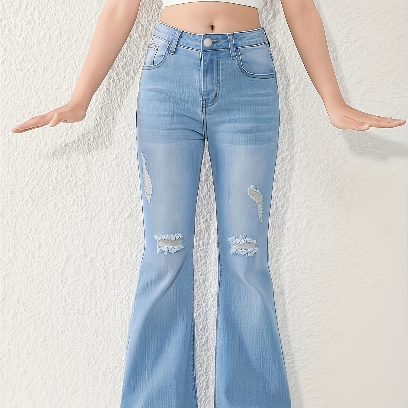 

Girl's Casual Raw Hem Flare Jeans Ripped Design Light Washed Denim Trousers For All Seasons