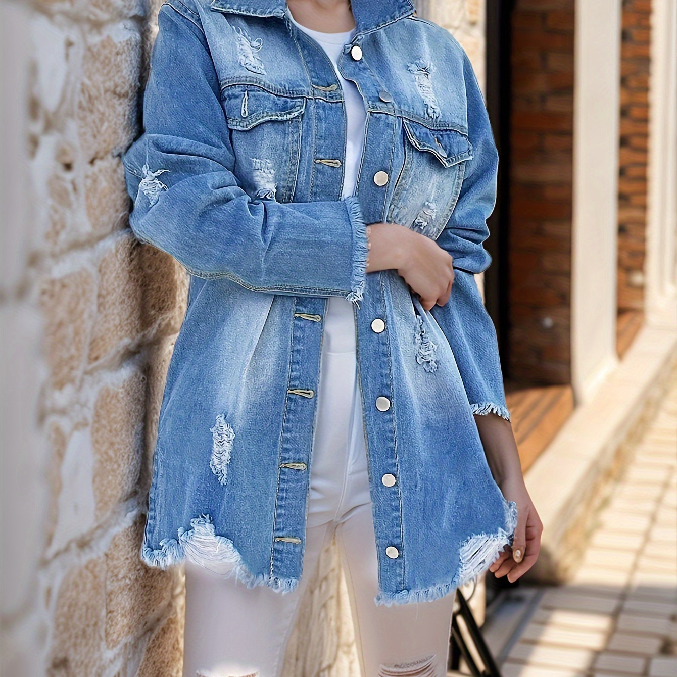 

Women's Distressed Denim Jacket, Hem, Casual Long Sleeve Button Front Coat, Fashion Outerwear