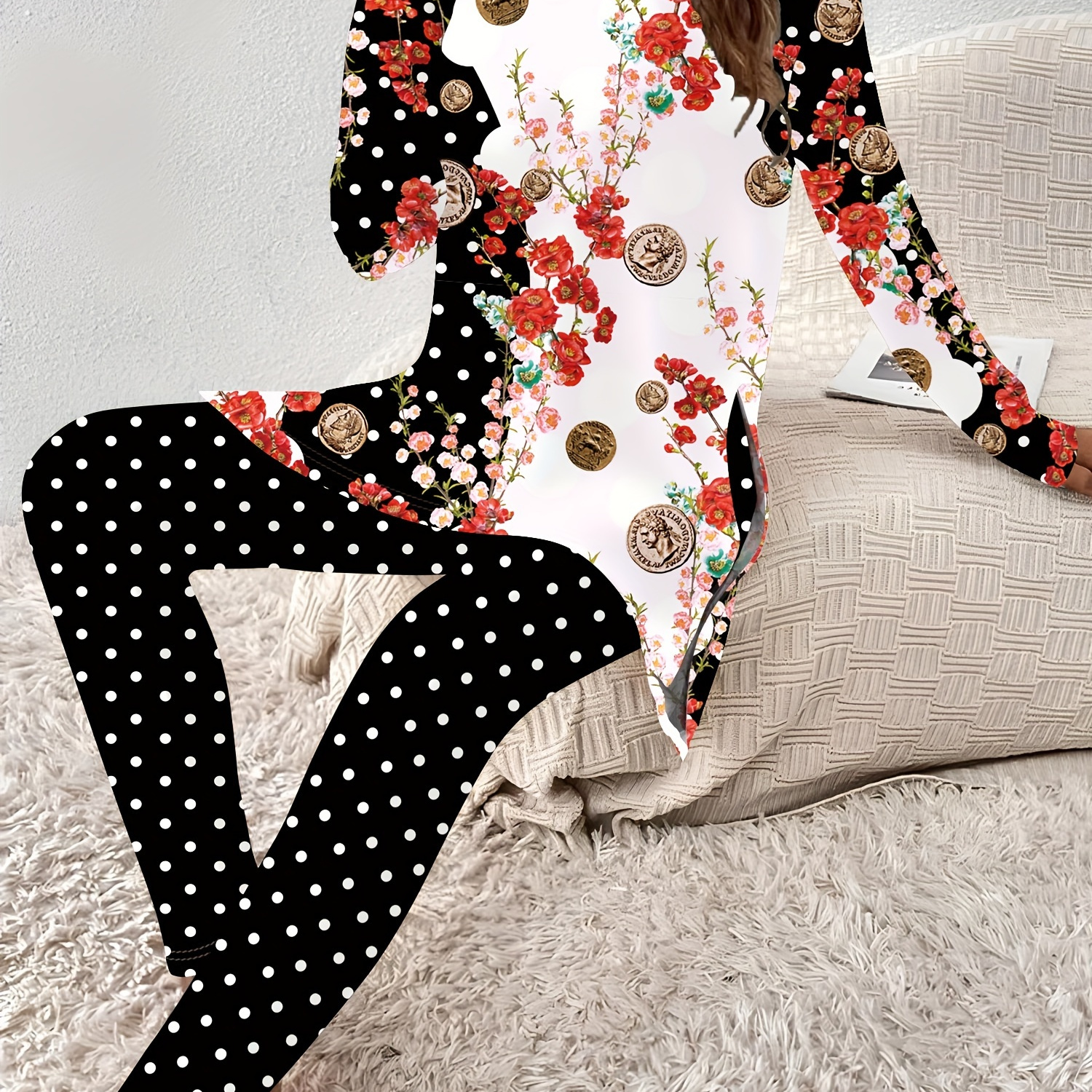 

Floral Crew Neck Long Sleeve Split Top & Polka Dot Pants Set, 100% Polyester Knit Fabric, Spring/fall Women's Pantsuit