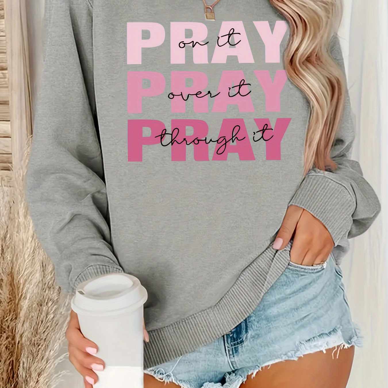 

Pray Letter Print Sweatshirt, Casual Long Sleeve Crew Neck Sweatshirt, Women's Clothing