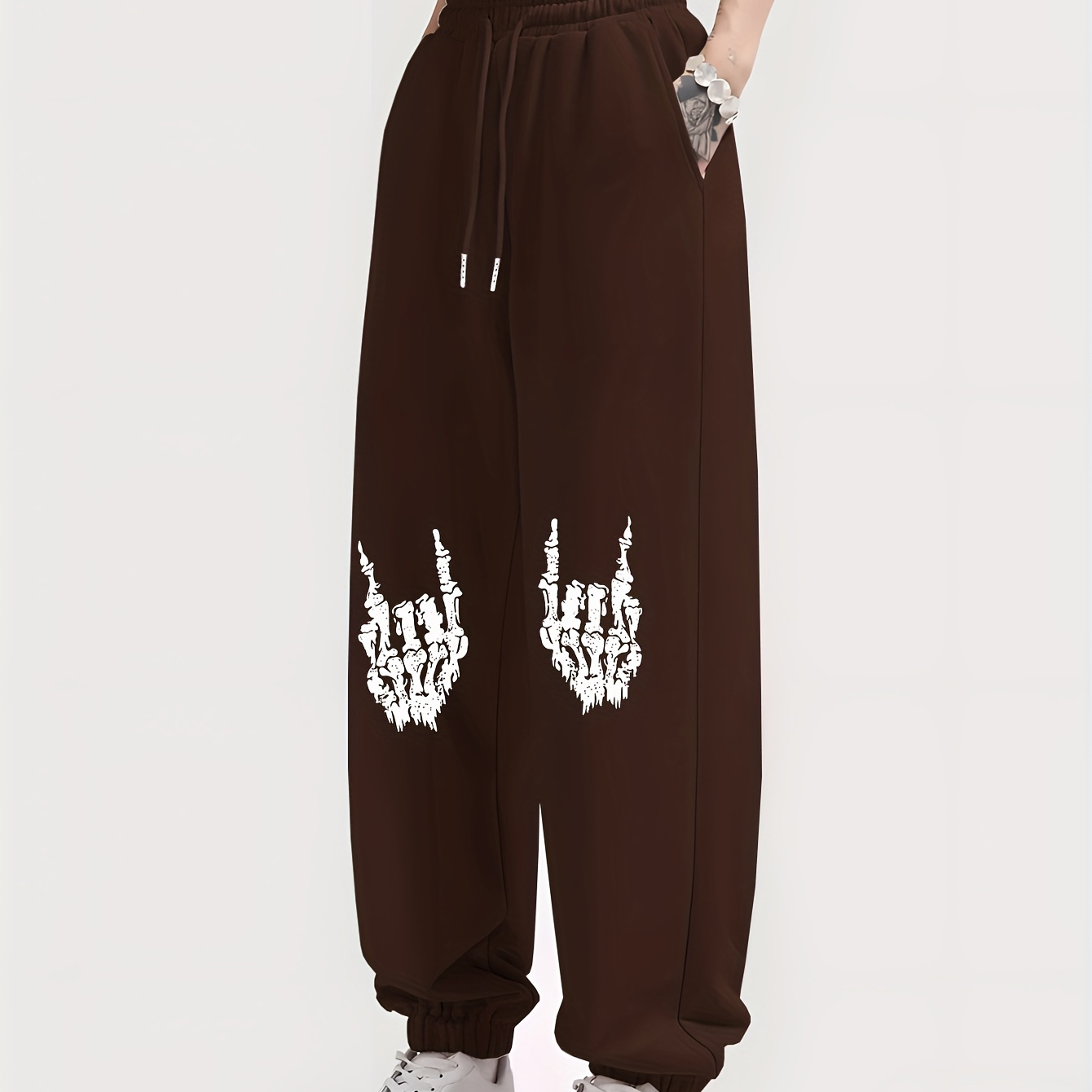 

Halloween Skeleton Hand Print Sports Pants, Casual Elastic Waist Sweatpants With Pocket, Women's Athleisure