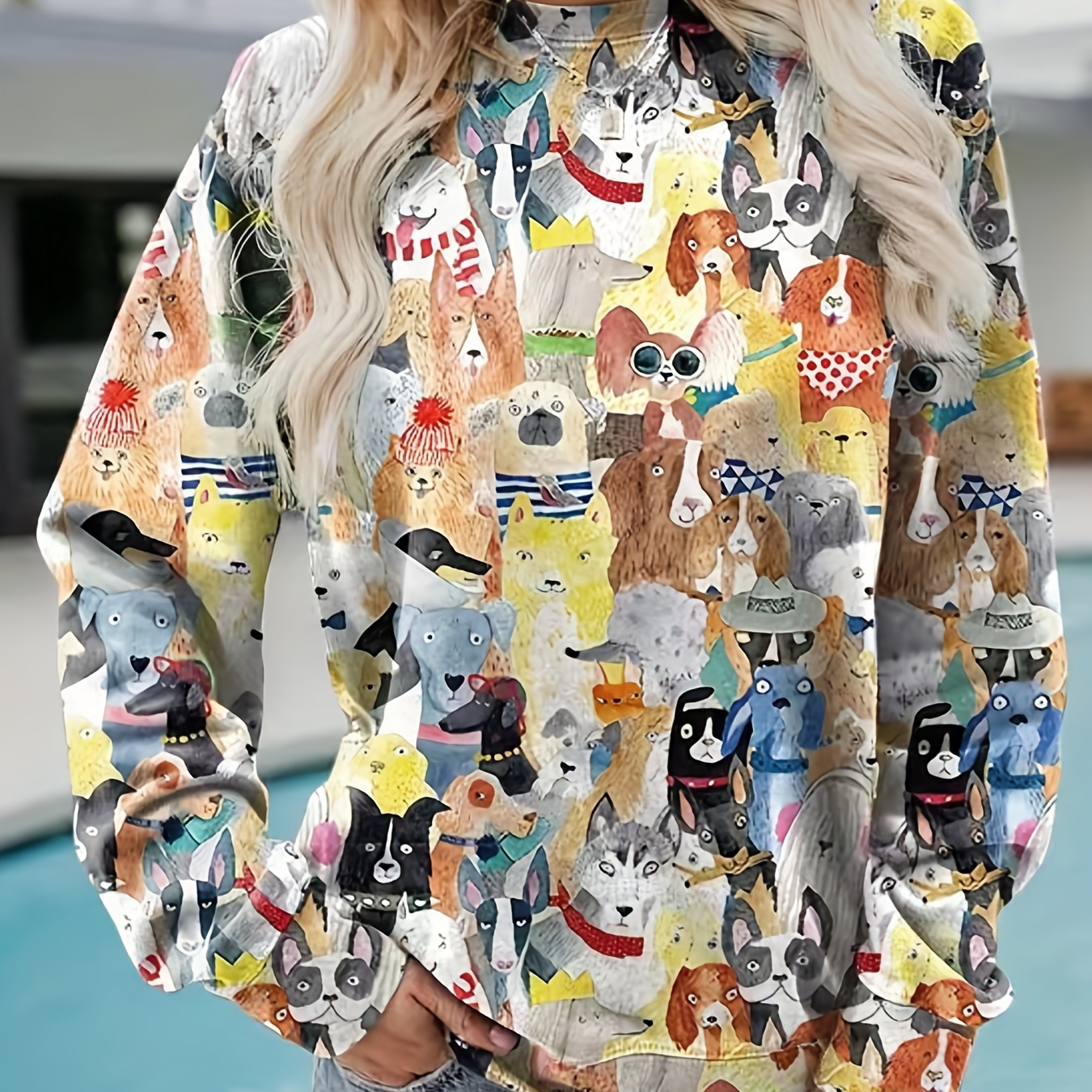 

Plus Size Cute Sweatshirt, Women's Plus Allover Cartoon Puppy Print Round Neck Long Sleeve Slight Stretch Pullover Top