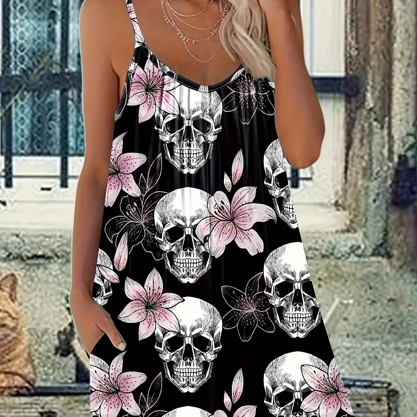 

Plus Size Floral & Skull Print Slip Romper, Casual Ruched Sleeveless Pocket Romper, Women's Plus Size clothing