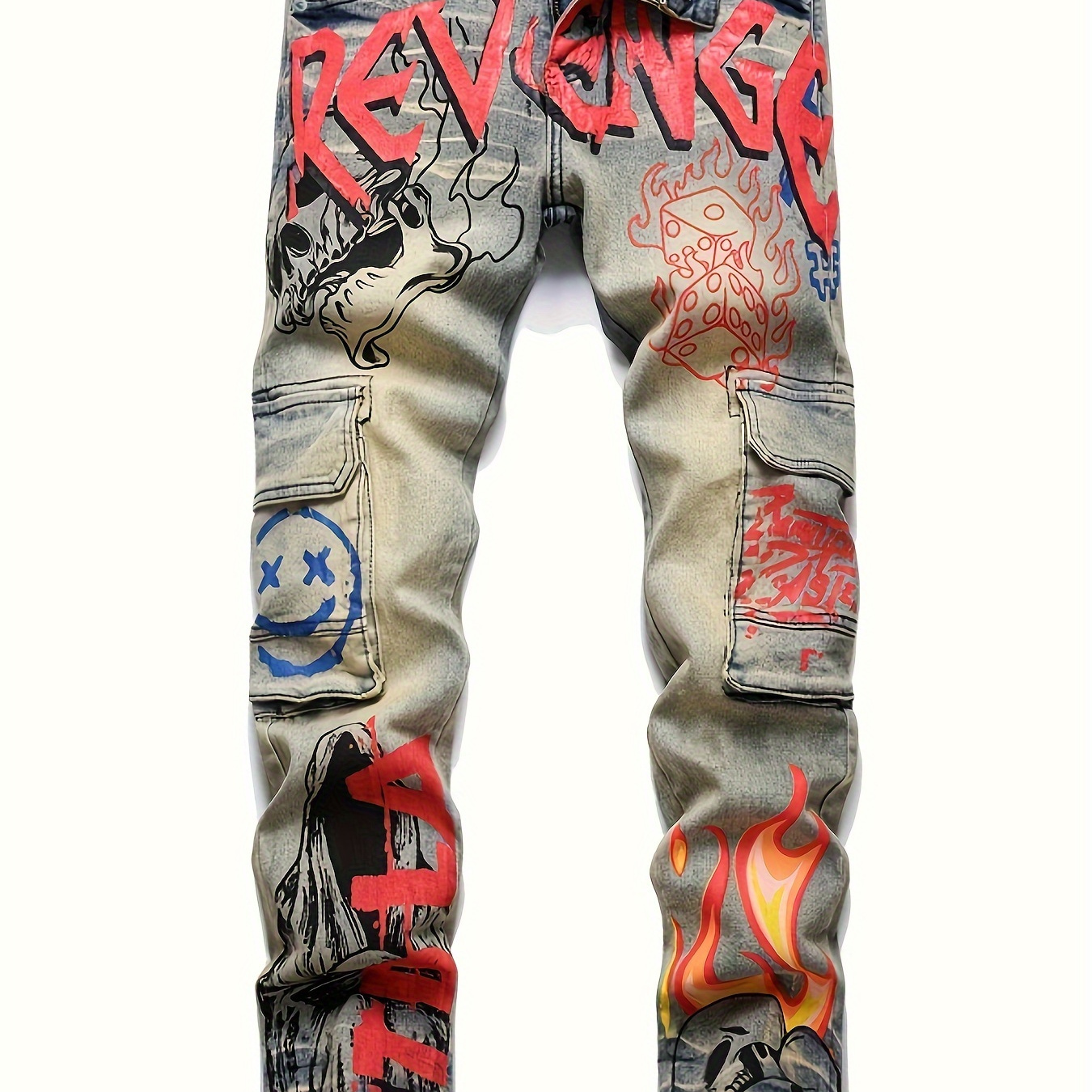 

Men's Trendy Pattern Jeans Distressed Punk Men's Denim Pants Graffiti Pattern Slim Streetwear Hiphop Jeans