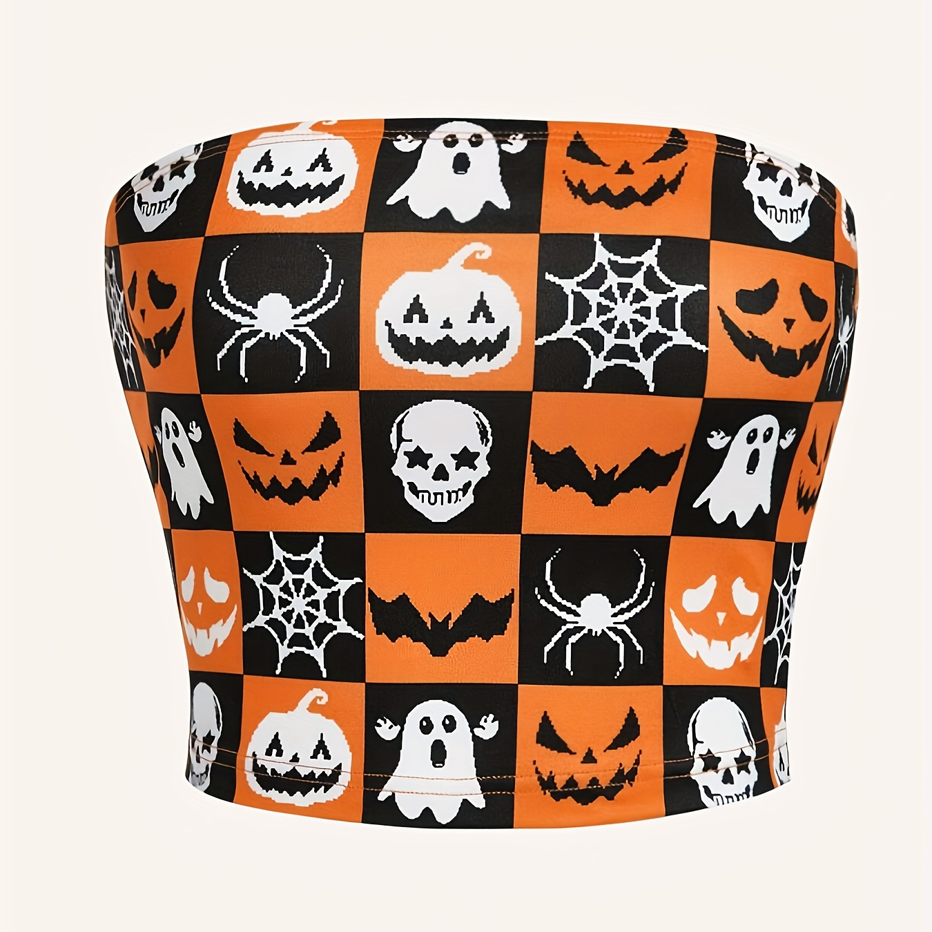 

Themed Bandeau Top - Polyester Off The Shoulder Knit Sexy Bandeau With , Pumpkin & Spider Patterns For Summer - Short Length Elastic Tube Top With 91% Polyester, 9% Elastane