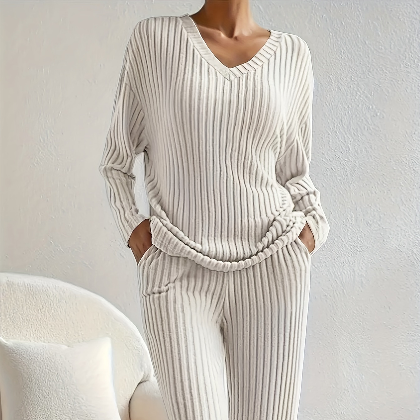 

's V- Ribbed Knit Sweater & -leg Pants Set - , Washable