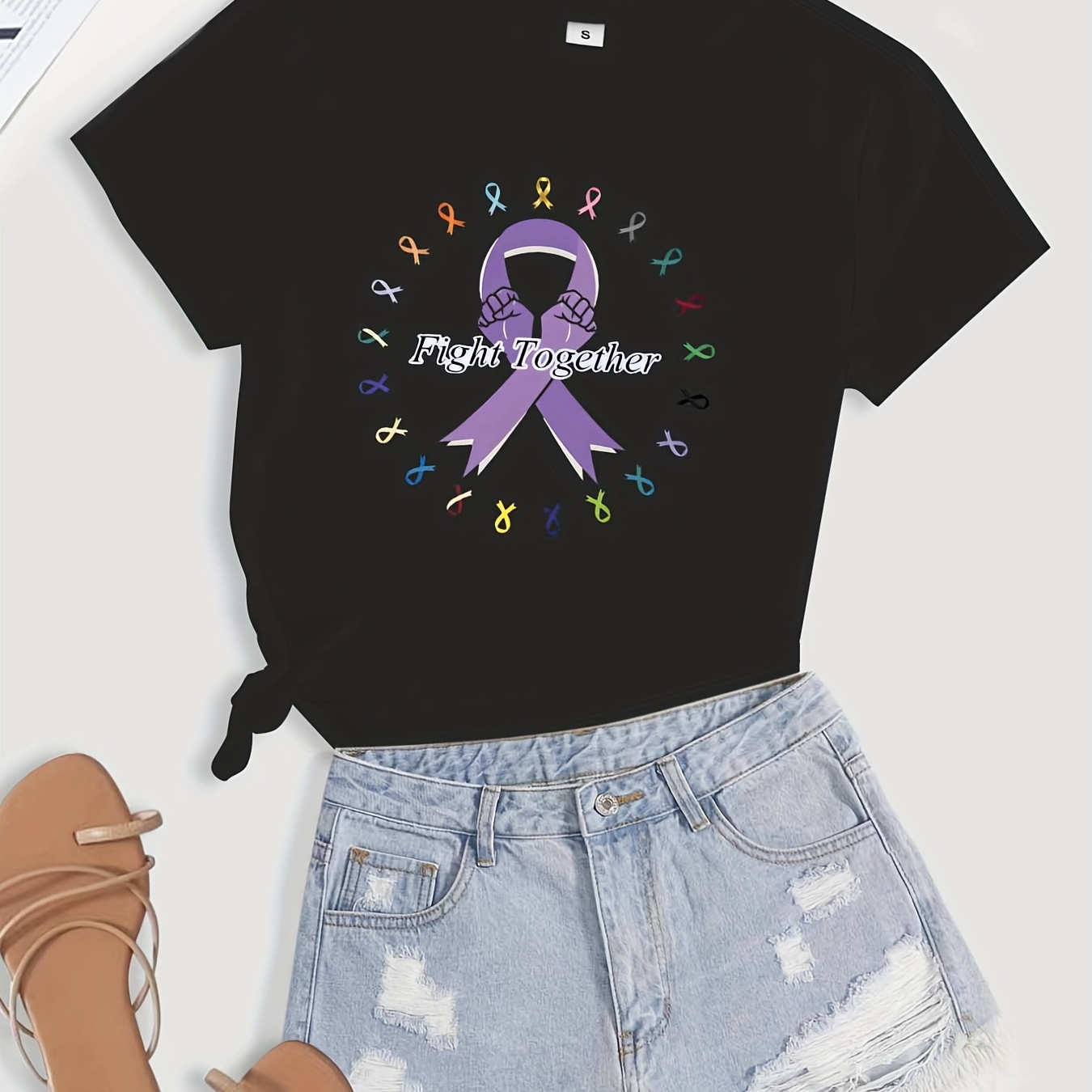 

Theme Neck T-shirt, Casual Short Sleeve T-shirt, Women's Clothing