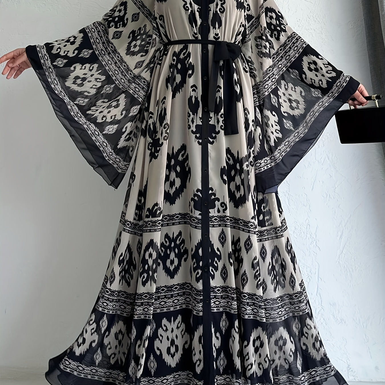 

Print Belted Maxi Dress, Elegant Crew Neck Bell Sleeve Pleated Modest Dress For Spring & Fall, Women's Clothing