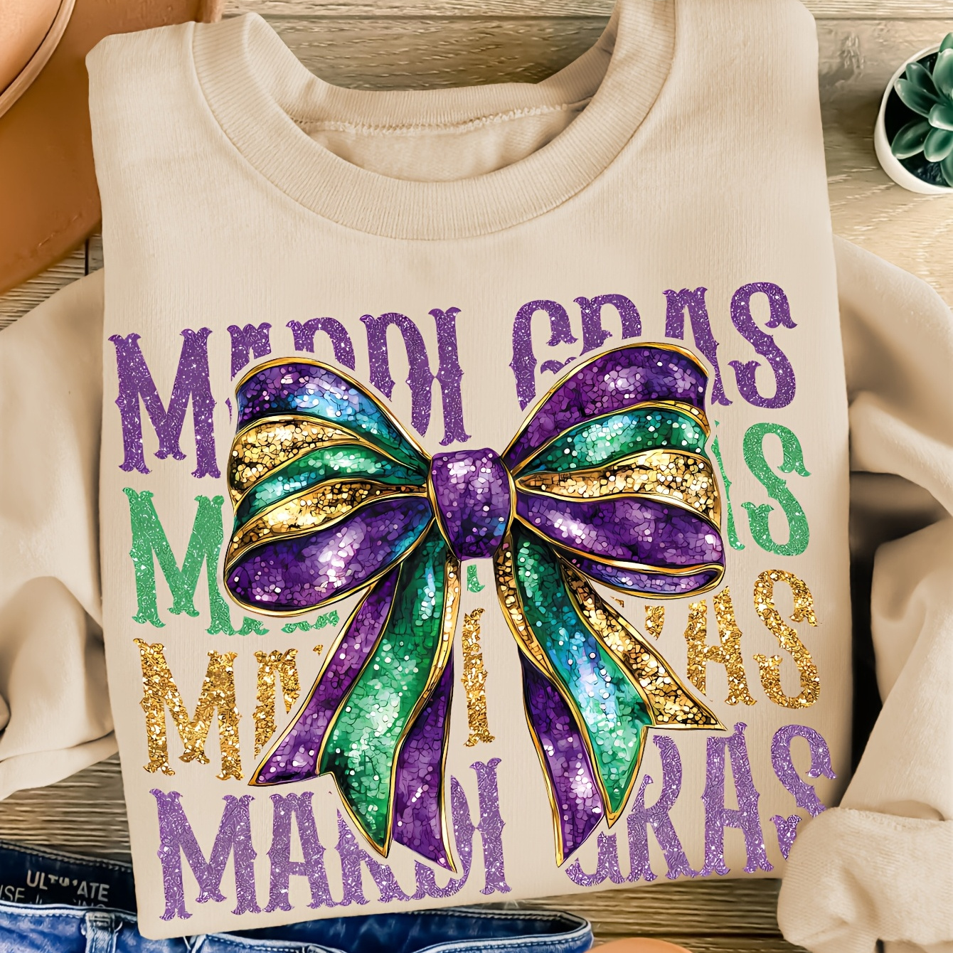 

Women's Mardi Gras Glitter Bow Print Sweatshirt - Casual Crew Neck, Long Sleeve, Machine Washable, Spring & Fall, Polyester