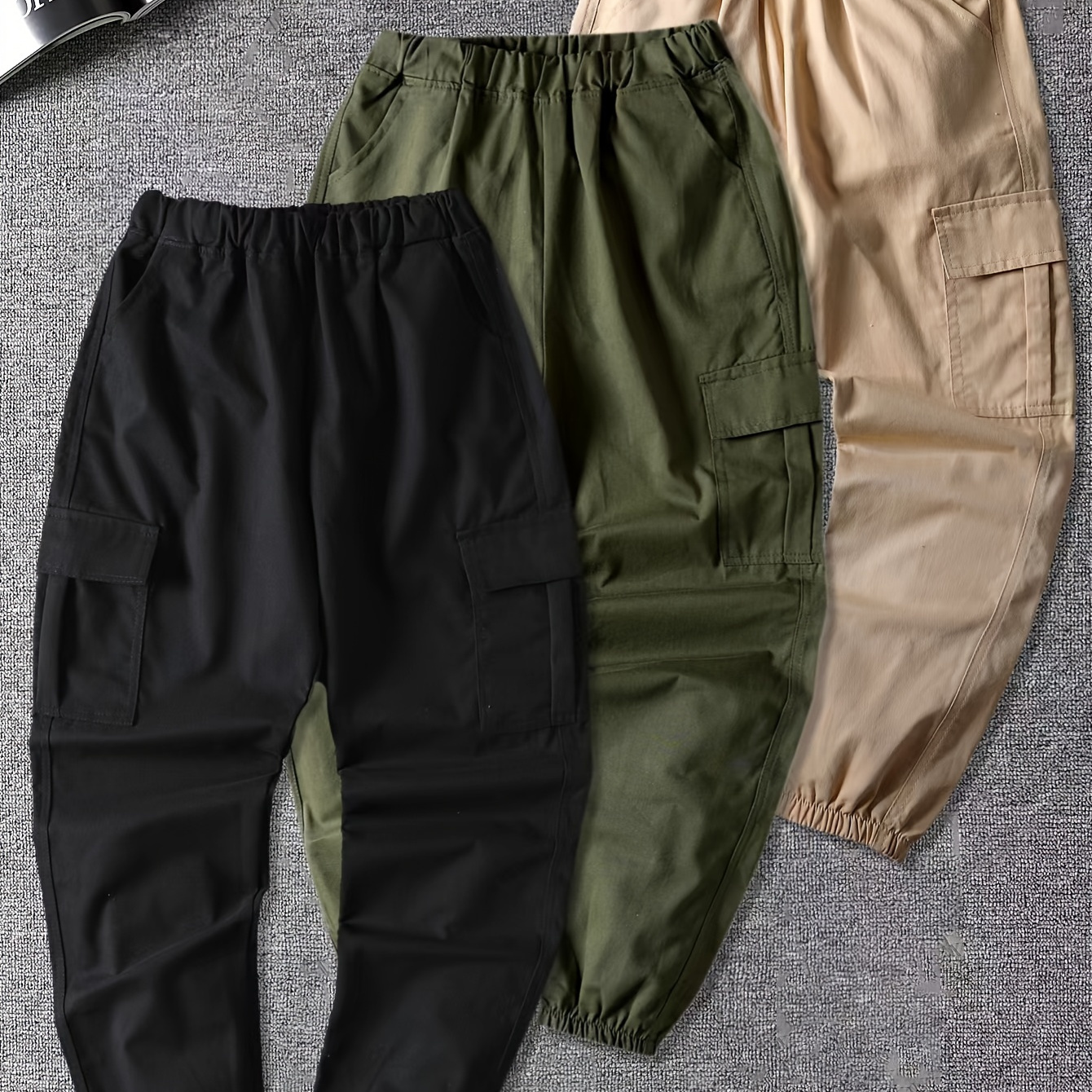 

3pcs Boy's Solid Color Jogger Cargo Pants, Multi-pocket Design Outdoor Casual Versatile Street Trousers As Gift