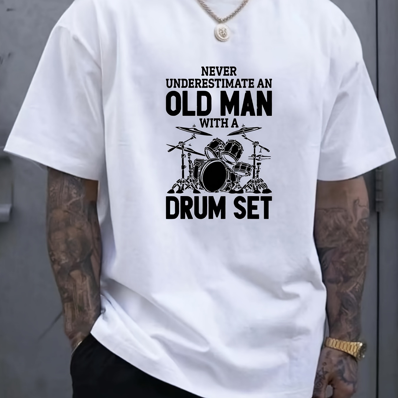 

Old Man Drum Set Print T-shirt - Soft, Breathable, And Comfortable For All Seasons - Regular Fit, Slight Stretch, And Knit Fabric