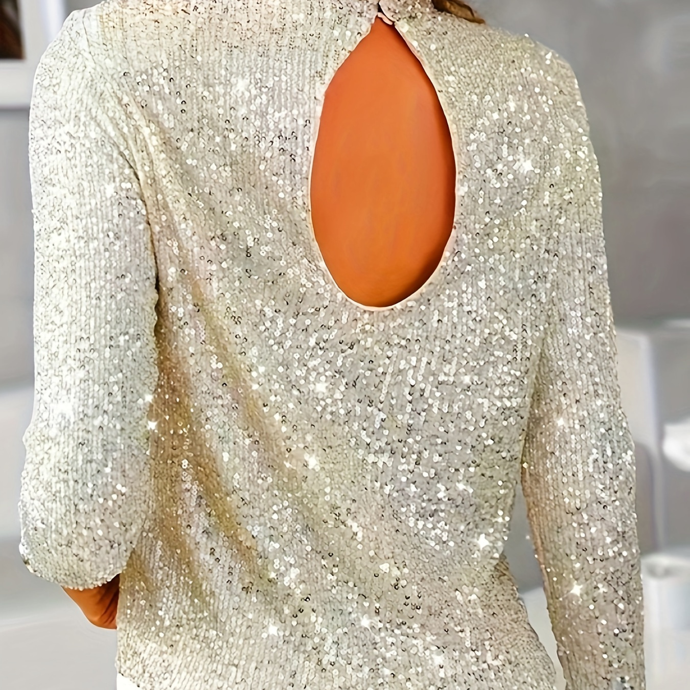 

Elegant Women's Sequin- Long Sleeve Top - Slimming Solid Color, High Neck, Breathable Polyester, Vacation - Spring/fall Essential