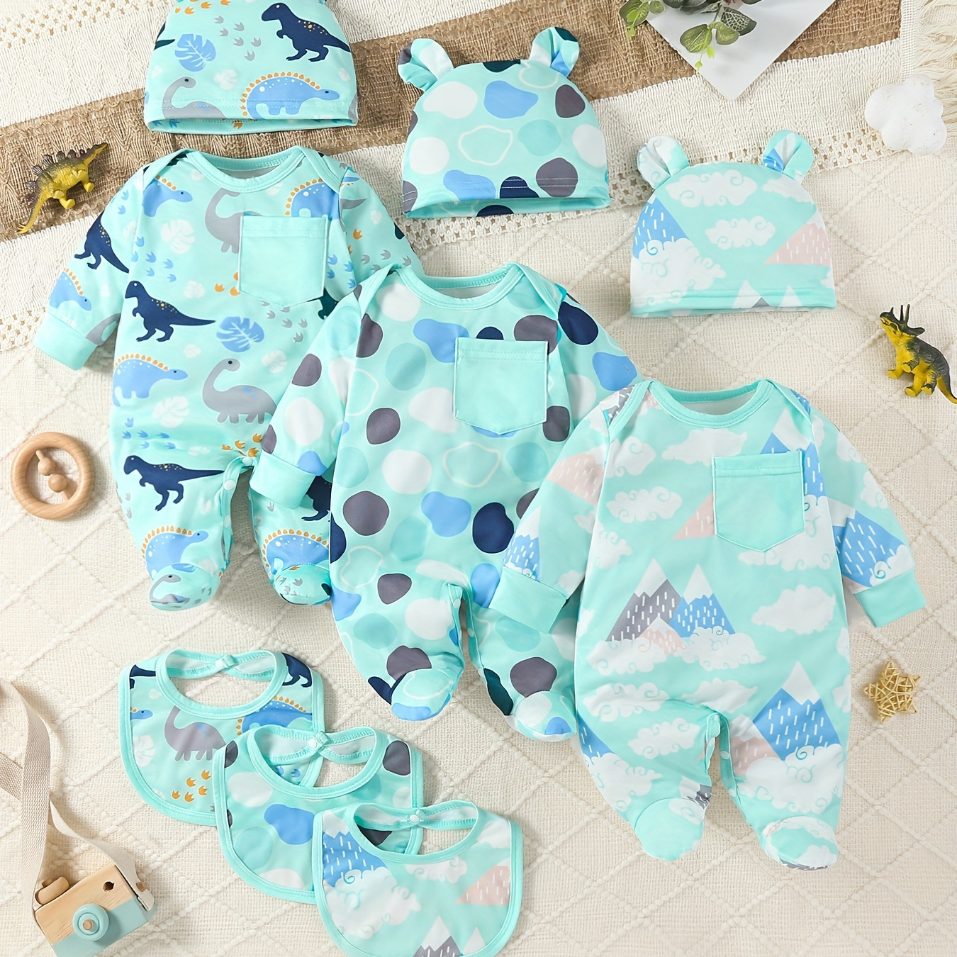 

9pcs Newborn & Toddler Outfit Set - Dinosaur, Clouds & Polka With Bunny Hat & Bib - Soft, Stretchy Long Sleeve Rompers For All