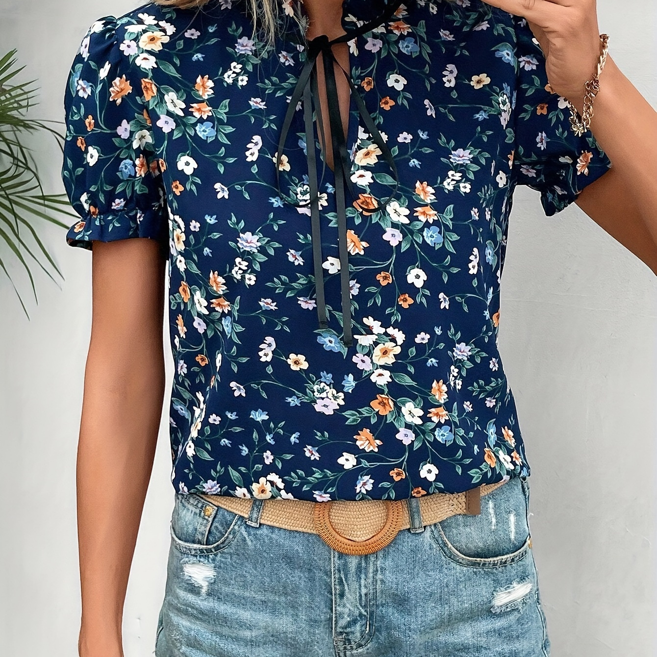 

Floral Print Tie Neck Blouse, Casual Short Puff Sleeve Top For Spring & Summer, Women's Clothing