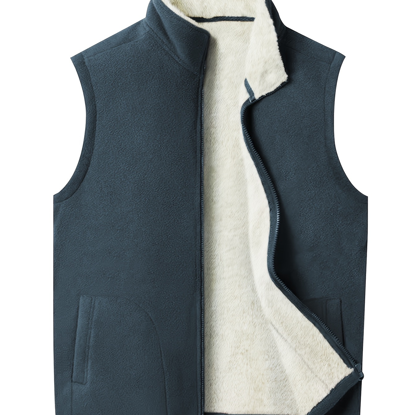 

Men's Casual Fashion Sherpa Fleece Vest Sleeveless Warm Zippered Jacket, Solid Color Stand Collar Regular Fabric, With Zip Pockets For Fall/winter