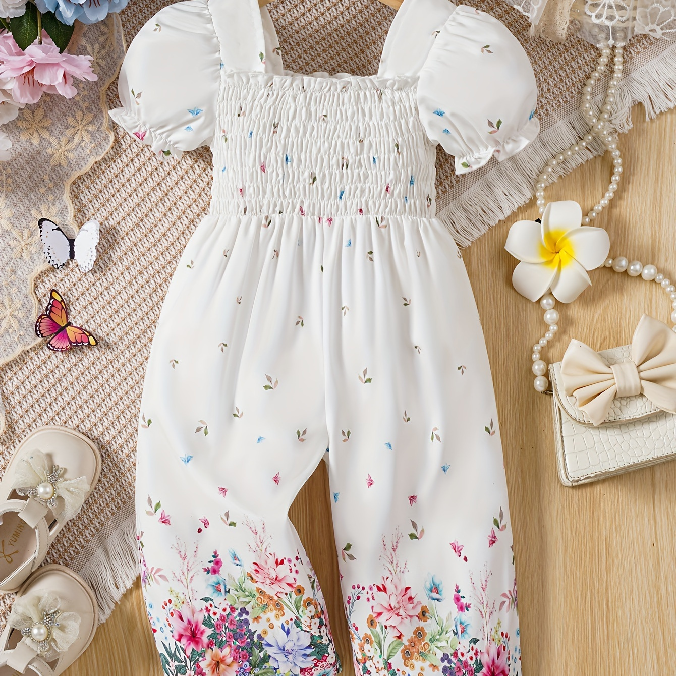 

Baby's Flower Pattern Shirred Bodysuit, Casual Puff Sleeve Romper, Toddler & Infant Girl's Onesie For Spring Summer, As Gift