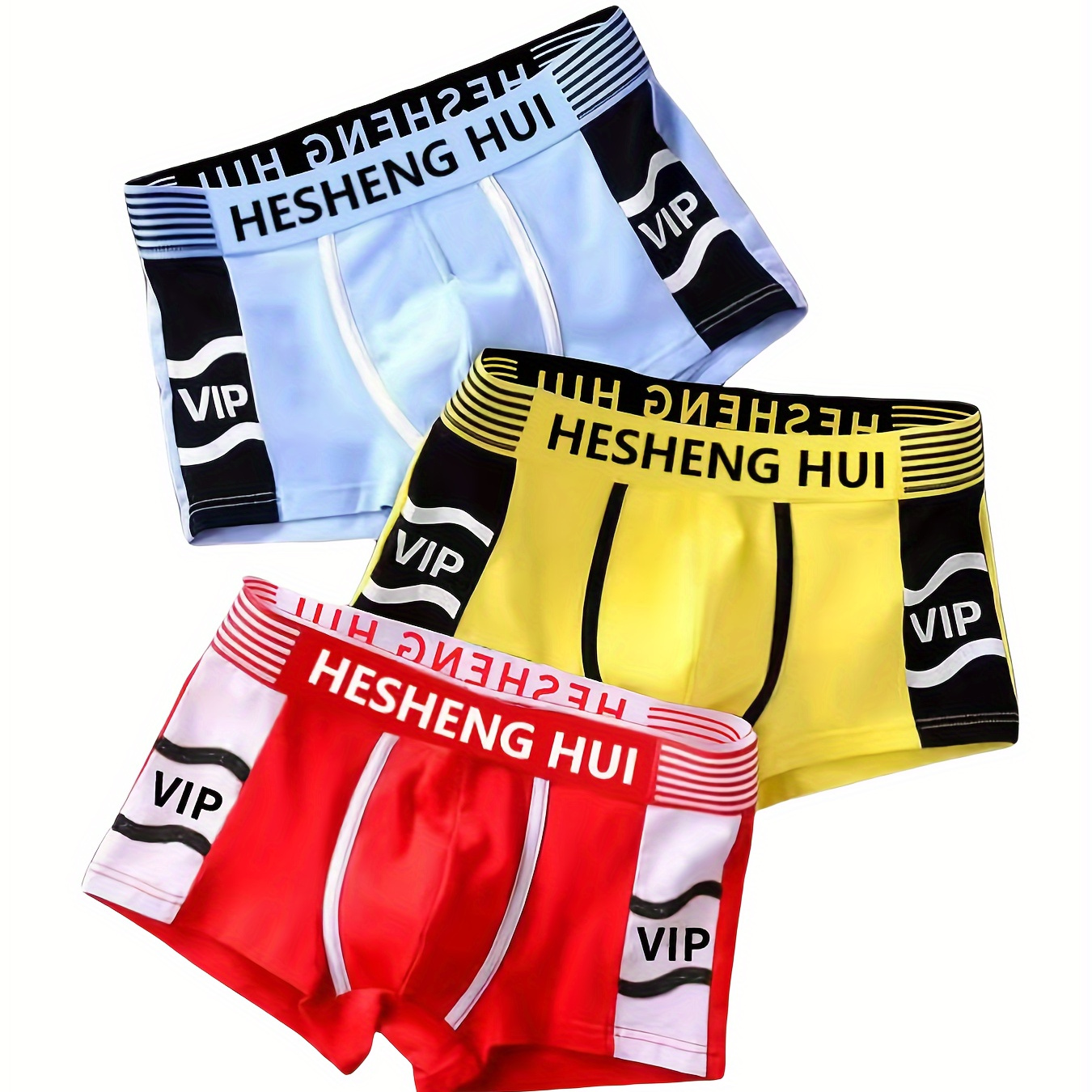 

3pcs Men's Fashion Letters Print Color Block Breathable Comfy Stretchy Boxer Briefs Shorts, Men's Underwear
