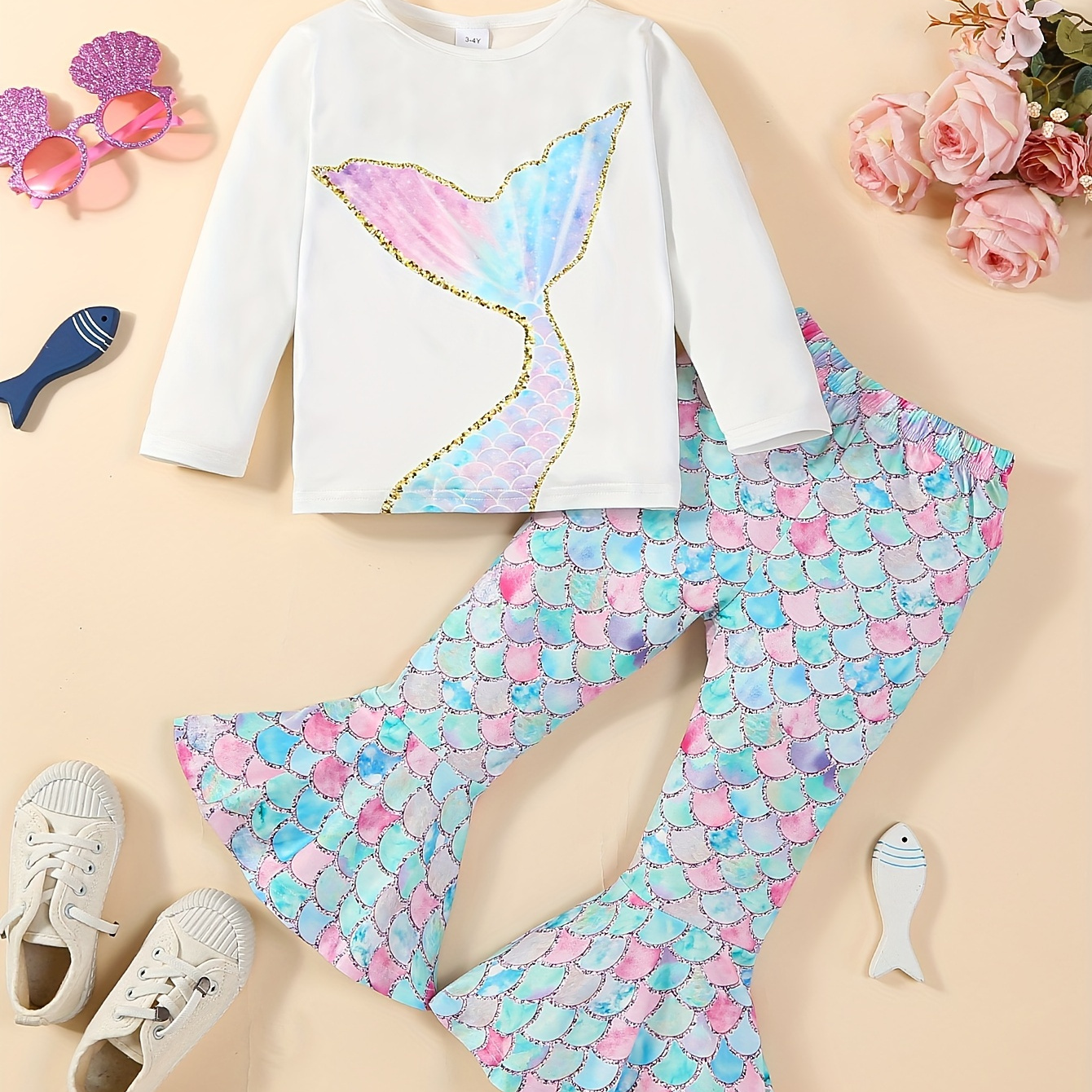 

2pcs Girls Mermaid Style Outfits, Pullover + Fish Scale Graphic Flare Pants Set Kids Clothes For Spring Fall Gift