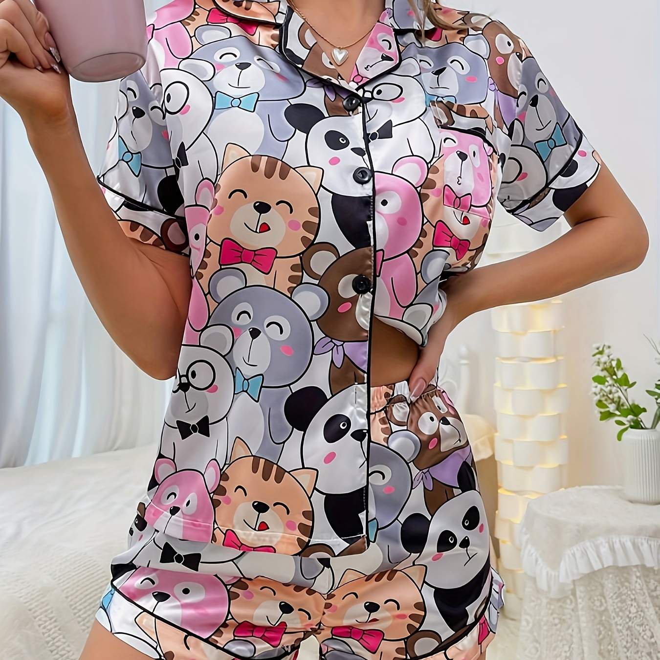

Women's Allover Cartoon Print Satin Cute Pajama Set, Short Sleeve Buttons Lapel Top & Shorts, Comfortable Relaxed Fit