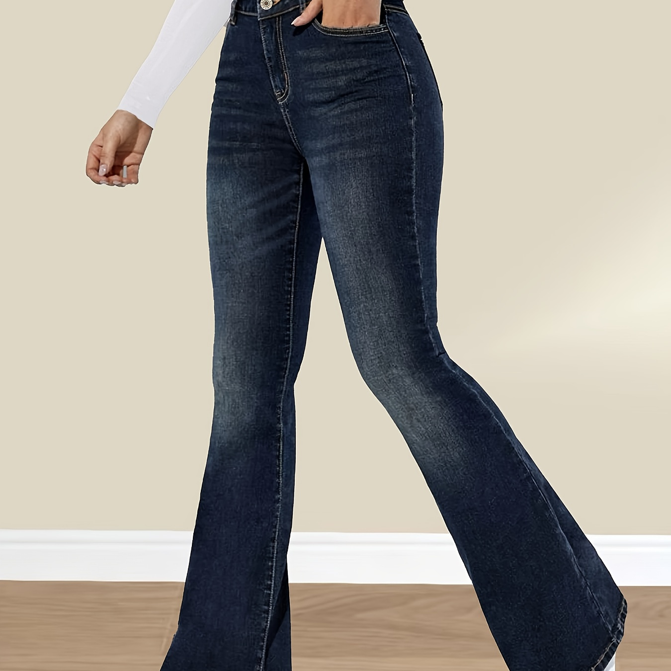 

Chic Blue Stretch Slim-fit Flare Jeans For Women - Comfortable Denim With Button Closure, All