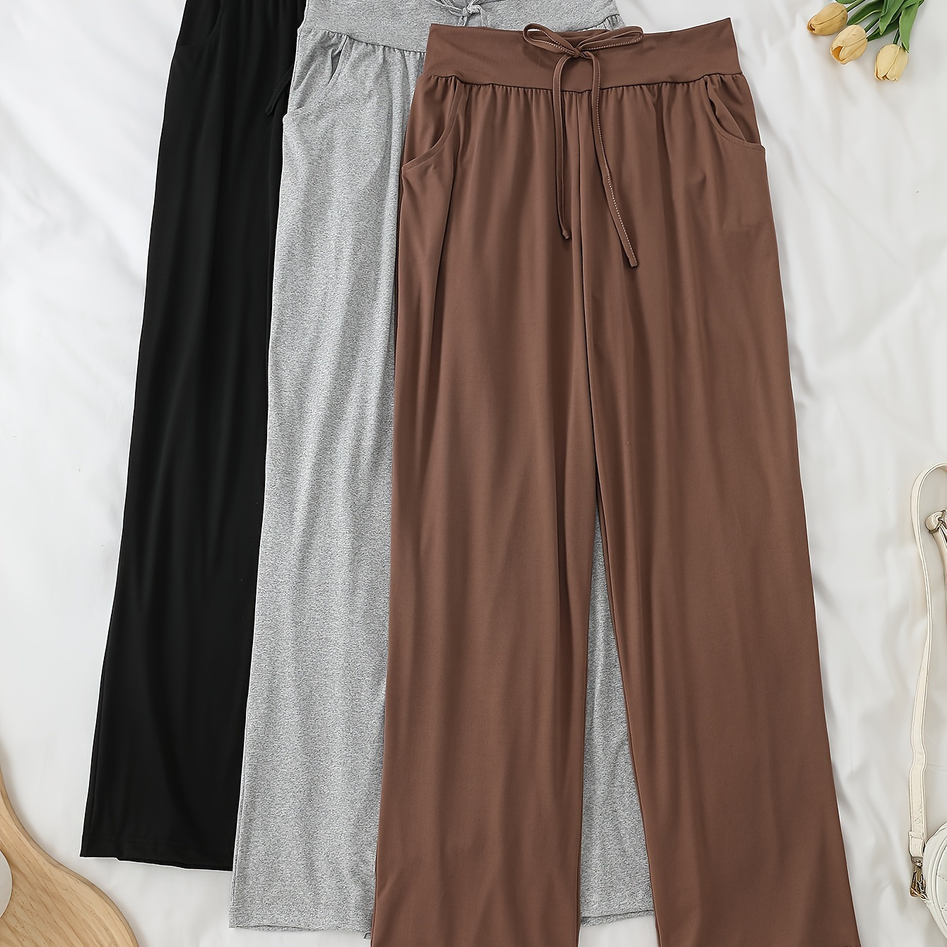 

3pcs Women's Plus Casual Lounge Pants, Plus Size Solid Bow Tie Elastic Waistband Loose Home Wear Trousers