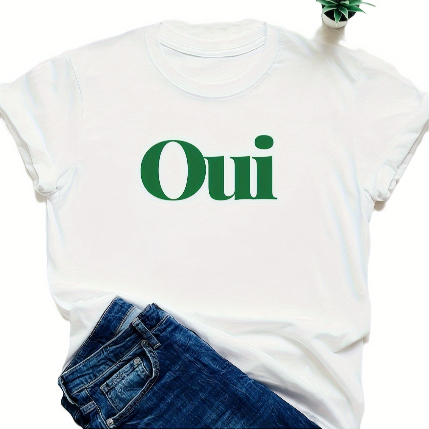 

French Style Oui Print White T Shirt Women Short Sleeve Crew Neck Letter Graphic Tees Casual Loose Streetwear T-shirt Femme Tops