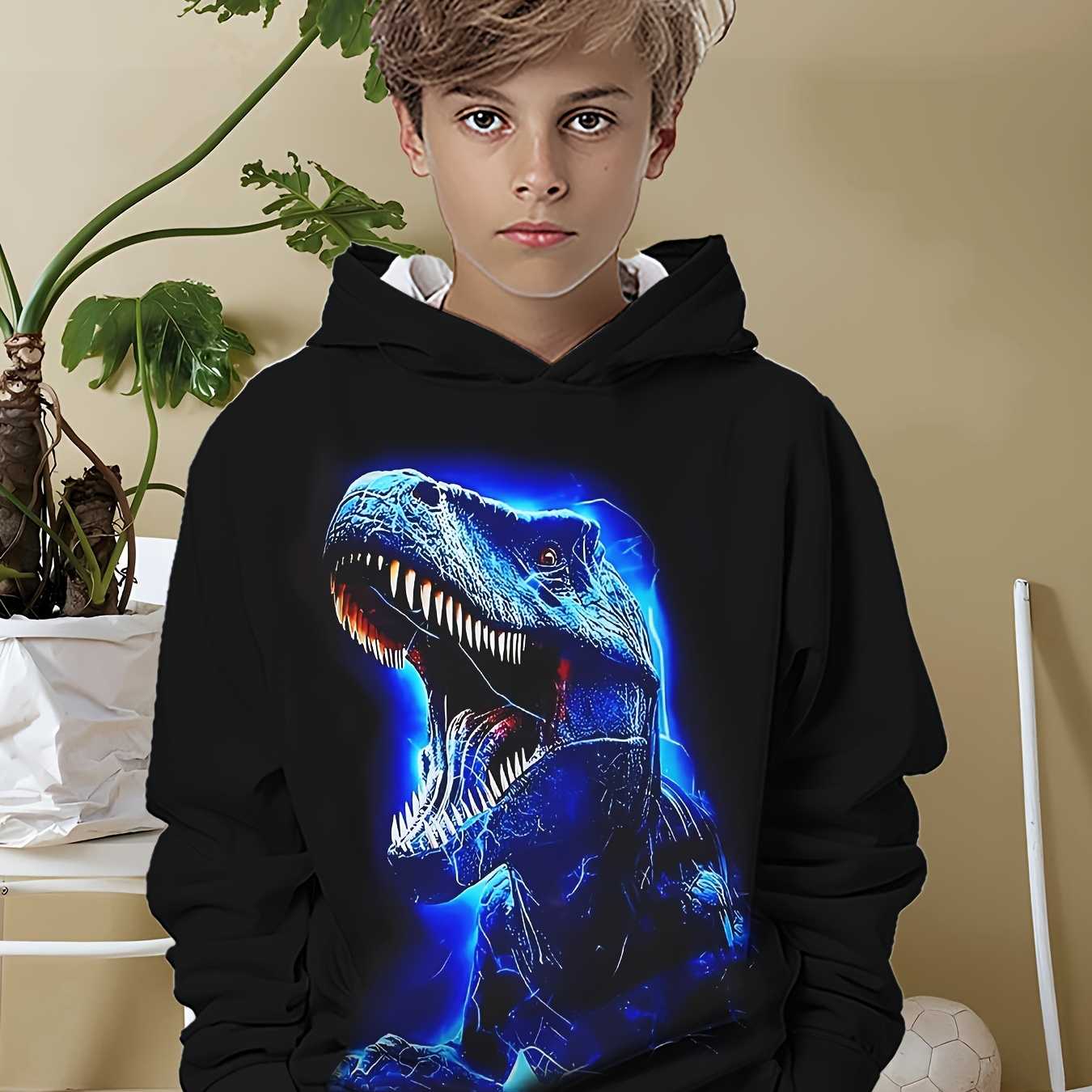 

Boys' Cool 3d Dinosaur Print Hoodie - Cozy & Breathable Pullover With Kangaroo Pocket, Spring/fall & Casual Attire