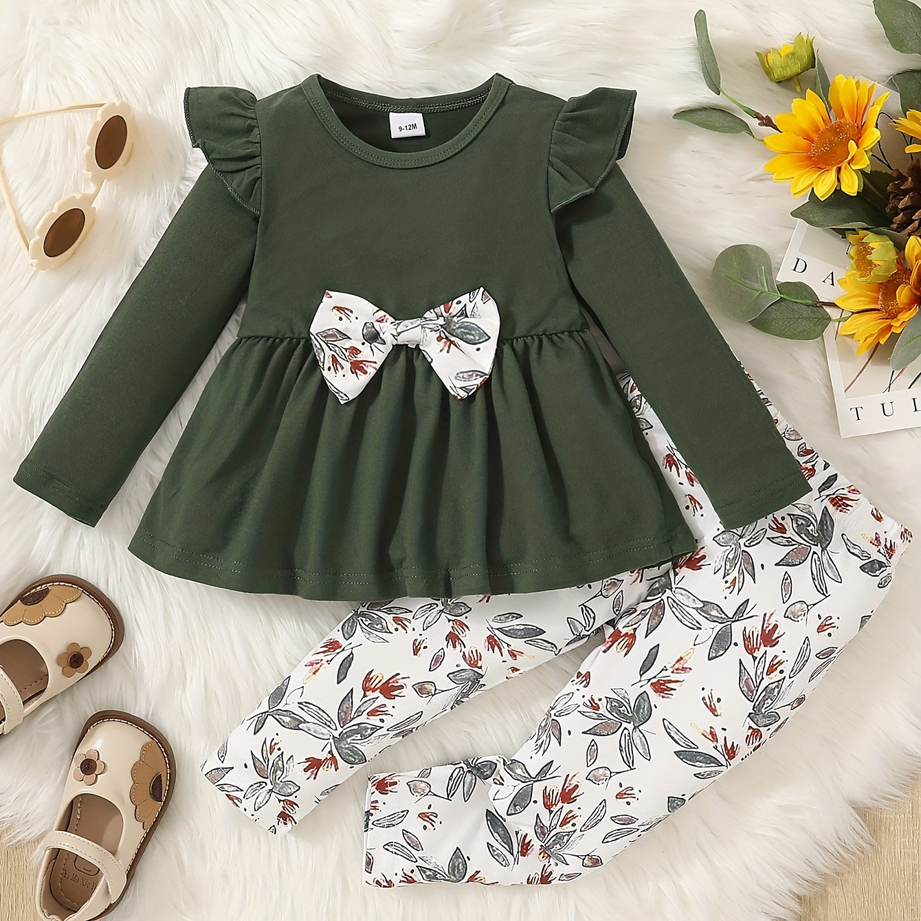 

Baby Girl Baby Autumn Winter Outwear Outfit, Flutter Sleeve Splicing Bowknot Skirt Top & Leaf Print Pants Set,