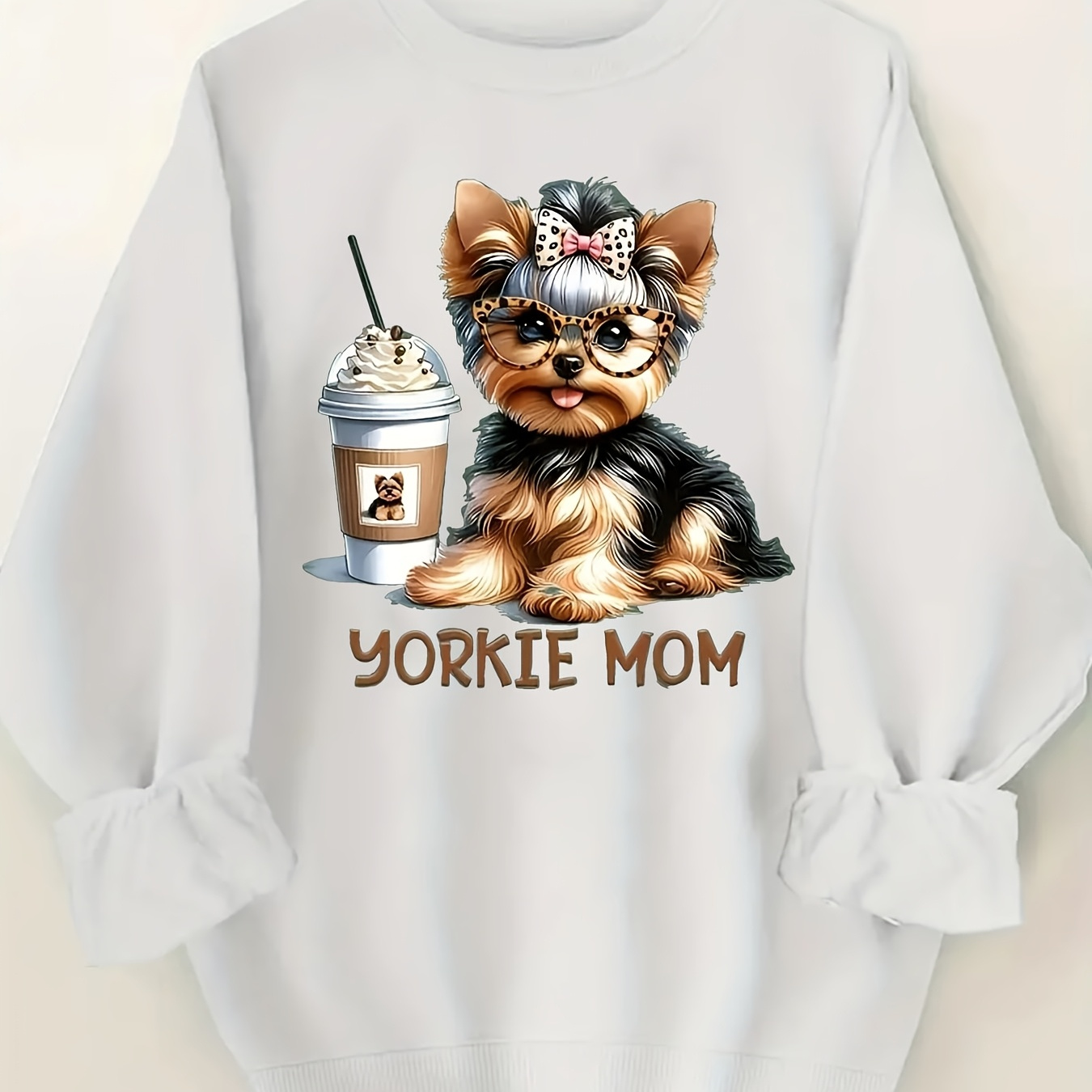 

Women's Casual Crew Neck Sweatshirt With Cartoon Yorkie Mom Print - 100% Polyester Knit Fabric, Soft Micro Elasticity, Regular Length For Fall/winter