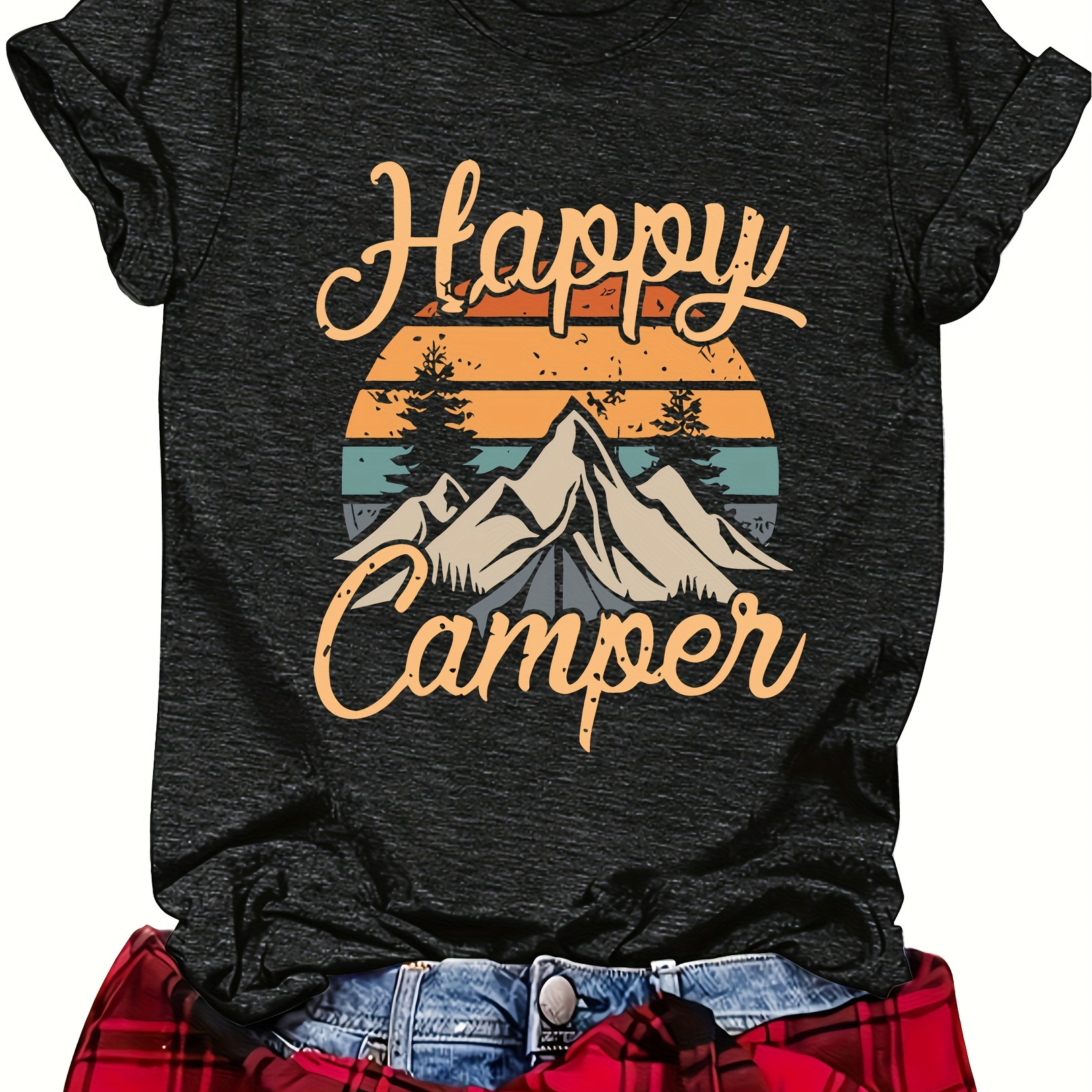 

Happy Camper Letter & Graphic Print T-shirt, Casual Crew Neck Short Sleeve Top For Spring & Summer, Women's Clothing