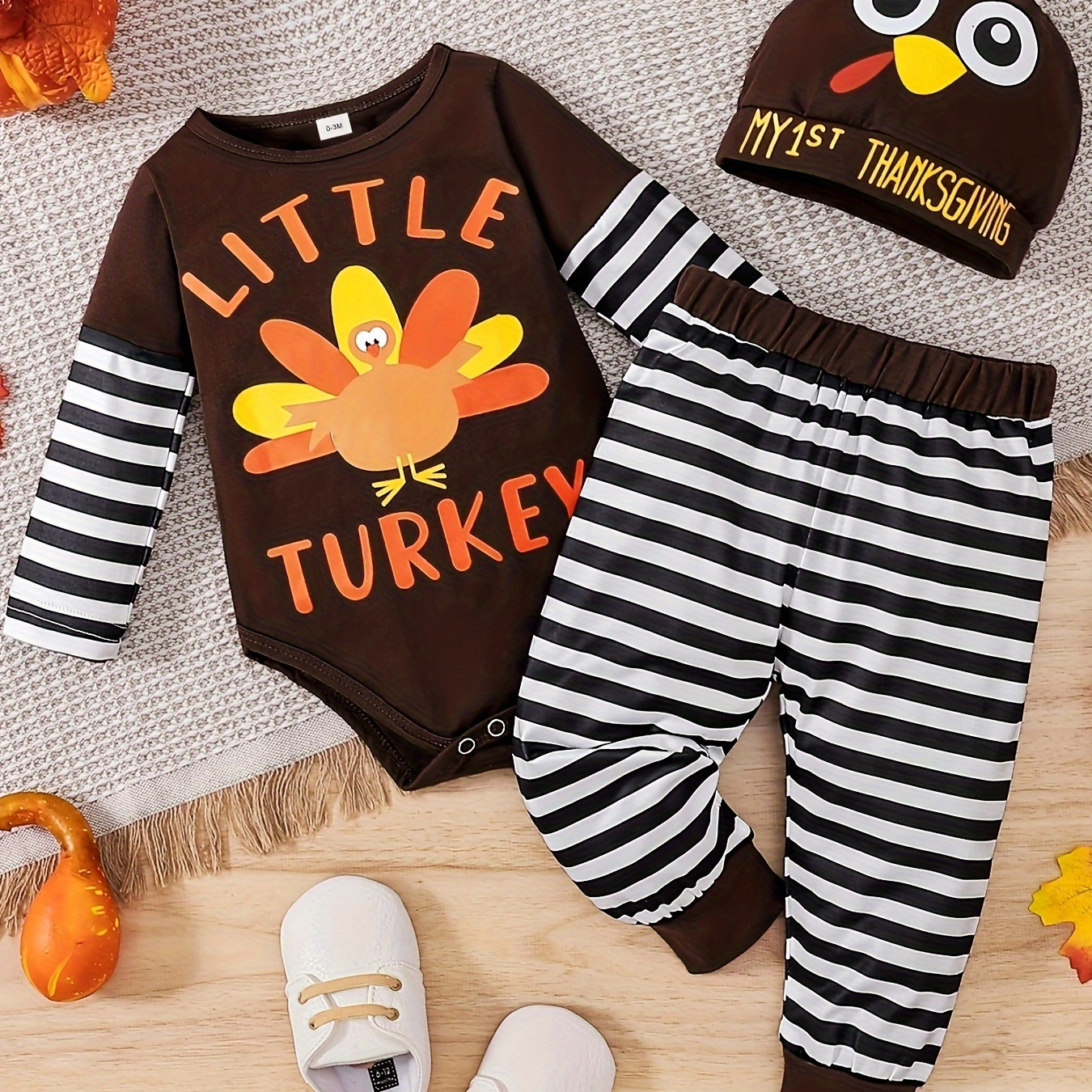 

My First Thanksgiving Party Baby Boy Outfits, Infant Toddler Cute Turkey Print Striped Romper Striped Pants Hat 3pcs Set 0-18 Months