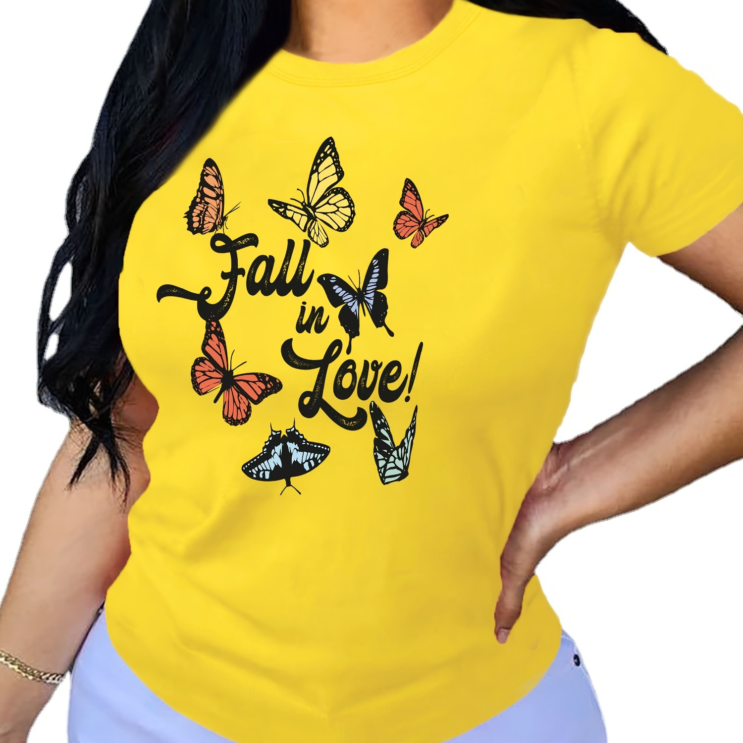 

Butterfly & Letter Print T-shirt, Casual Crew Neck Short Sleeve T-shirt For Spring & Summer, Women's Clothing