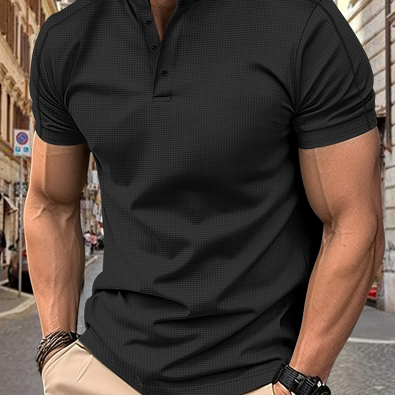 

Men's Solid Stand Collar Short Sleeve Golf Shirts, Casual Style Slight Stretch Regular Fit Summer Tops, Summer Golf Shirts