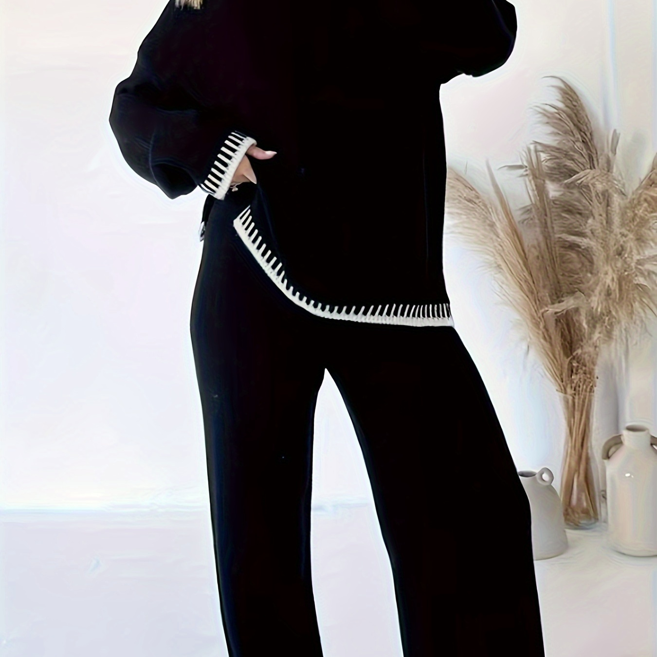 

2 Pcs Trim Knit Pants Set, Long Sleeve Crew Neck Sweater & Straight Leg Pants Outfits, Women's Clothing