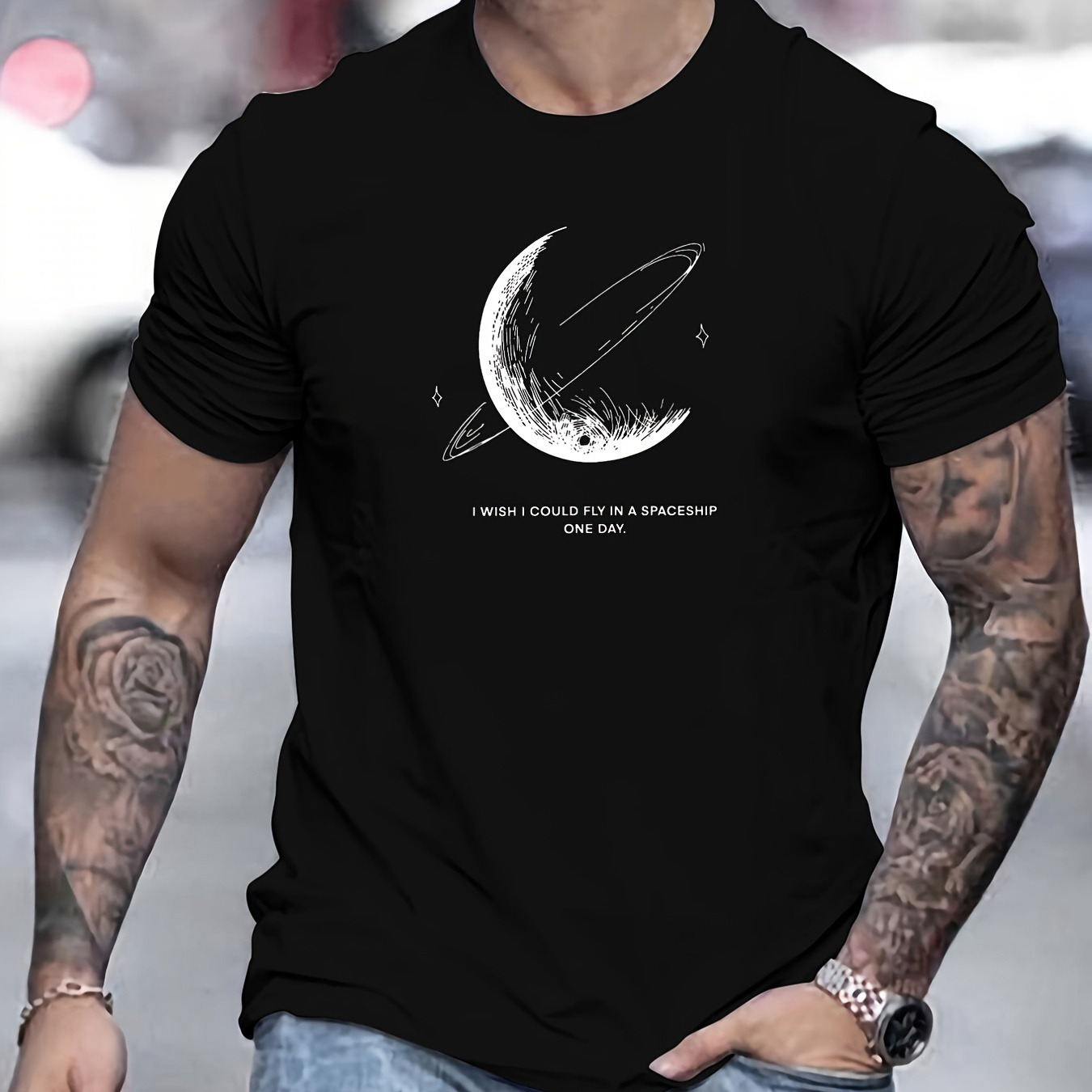 

Men's Space-inspired T-shirt: I Wish I Could Fly In A Spaceship 1 Day - Summer Casual, Cotton, Round Neck, Regular Fit, Adult Size