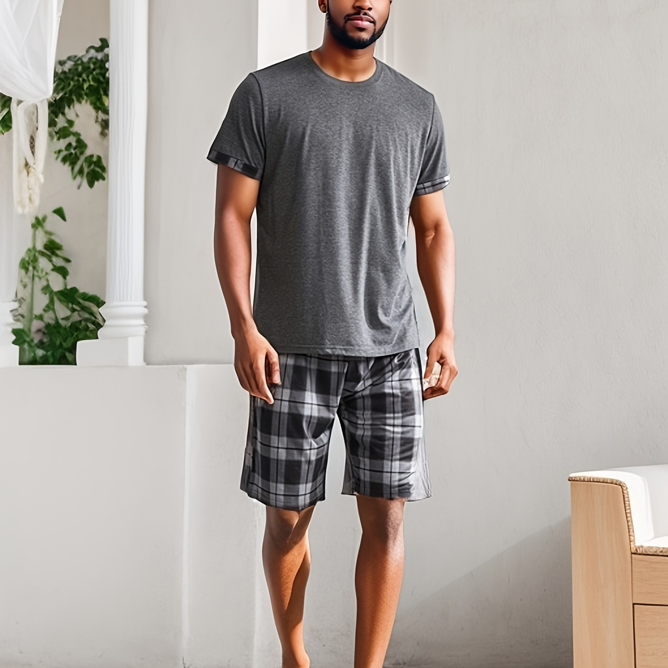 

2 Pcs Men's Simple Short T-shirts With Checkered Cuffs & Plaid Shorts Pajama Sets, Comfortable & Skin-friendly Style Pajamas For Men's Cozy Loungewear