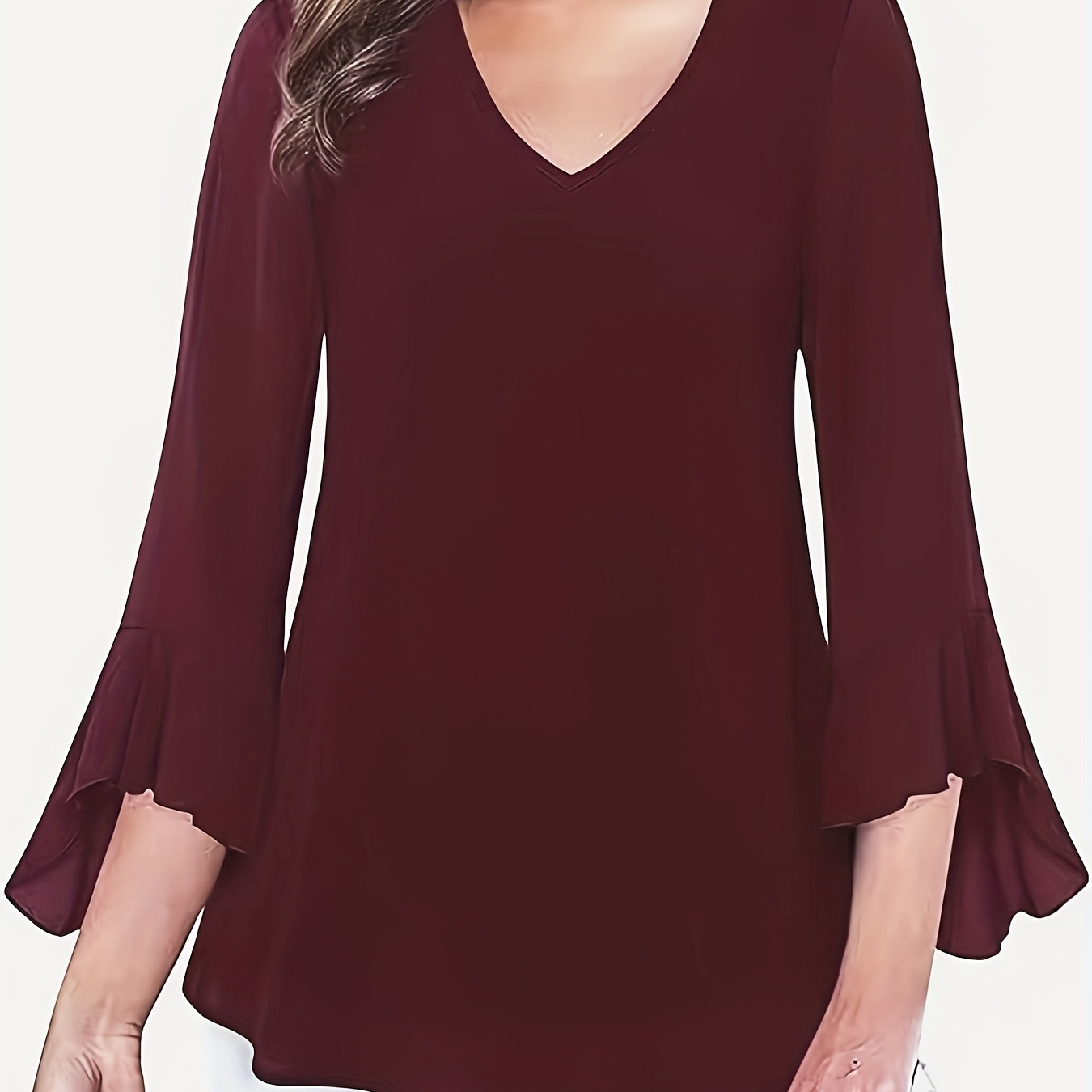 

Solid V-neck Simple Blouse, Elegant Flare Sleeve Blouse For Spring & Fall, Women's Clothing