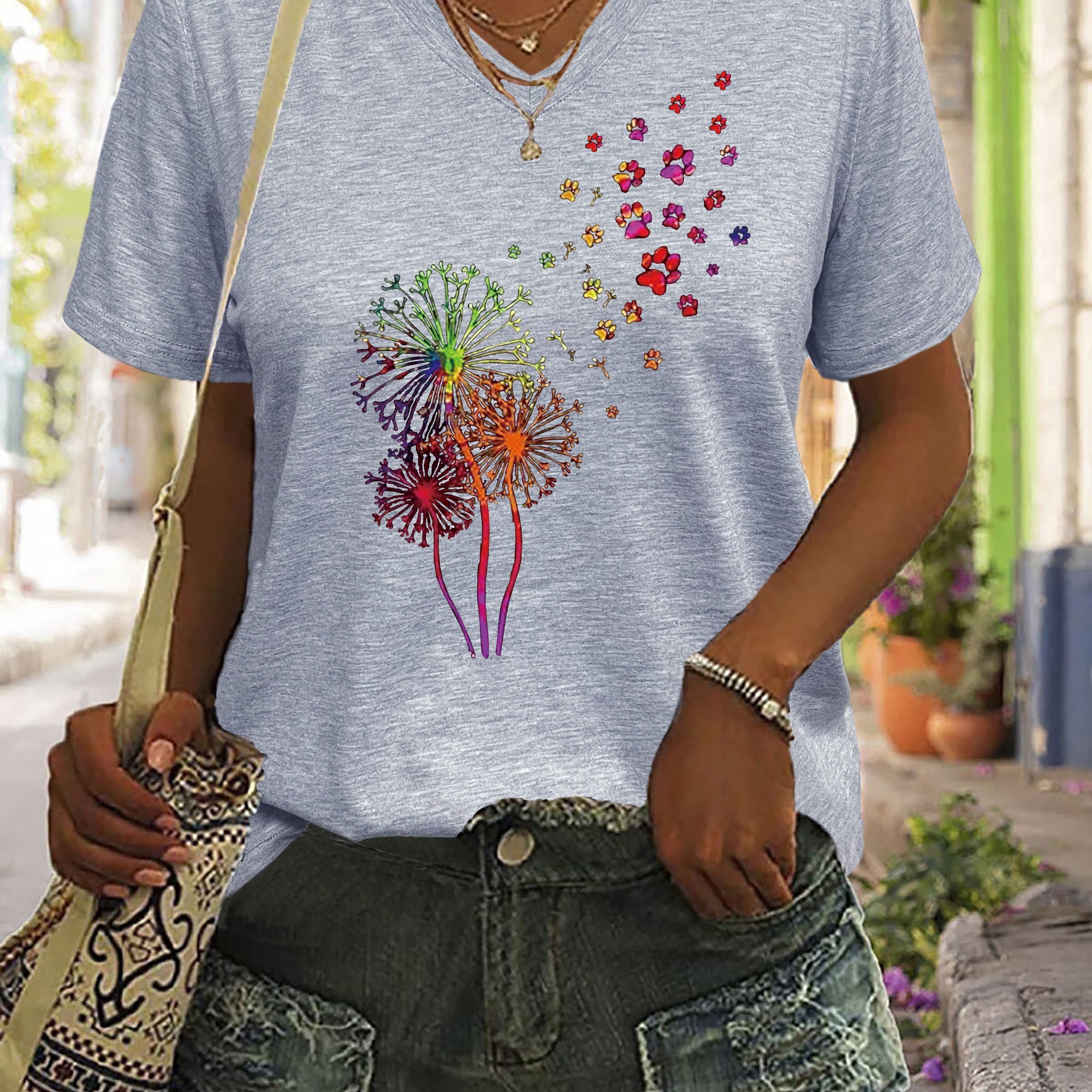 

Dandelion Print T-shirt, Short Sleeve V-neck Casual Top For Summer & Spring, Women's Clothing