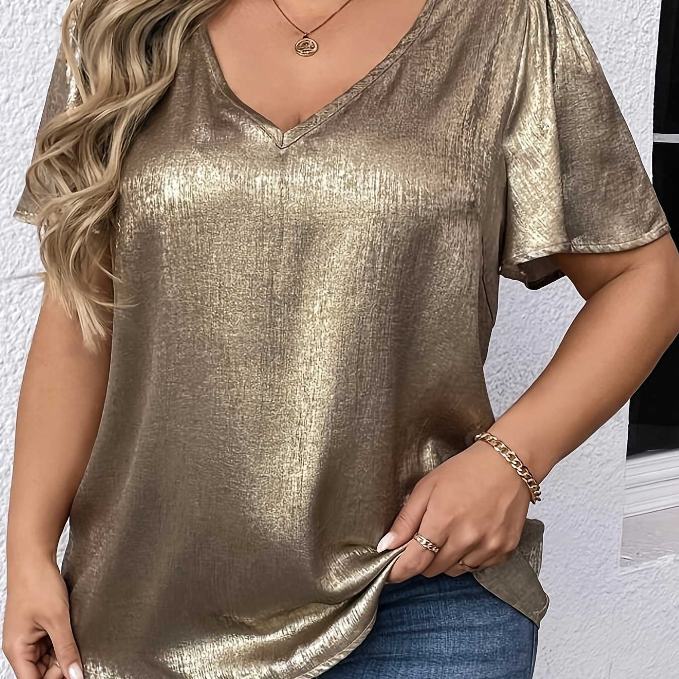 

Elegant Golden Metallic V-neck Blouse For Women - Short Sleeve, Smooth Fabric, Casual Or Party Wear, Evening Attire | Elegant | Textured Fabric