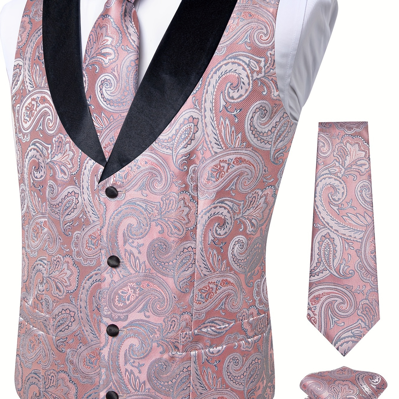 Plus Size Mens Pink Flora Jacquard V Neck Vest Suit, Waistcoat Necktie Pocket Square Set, Hanky Cufflinks Set For Wedding Suit Set