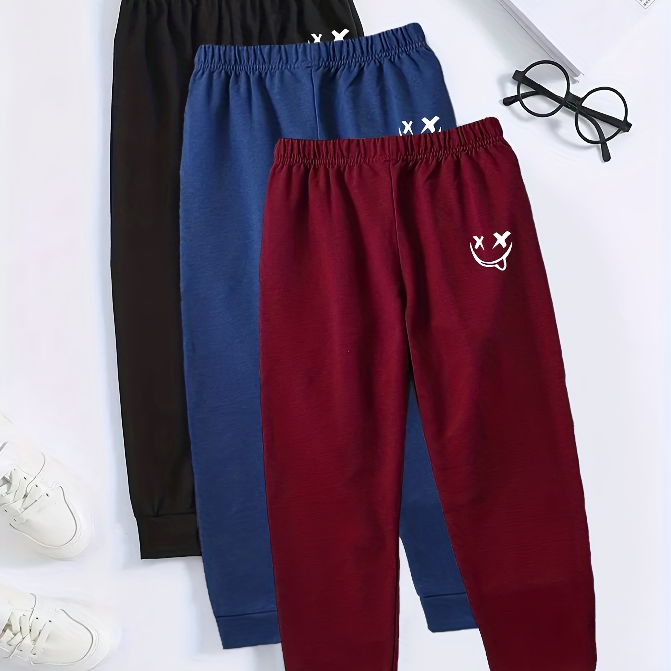 

3pcs Cute Smiling Print Boys Casual Comfortable Active Sweatpants, Breathable Jogger Sports Pants, Kids Clothing Outdoor