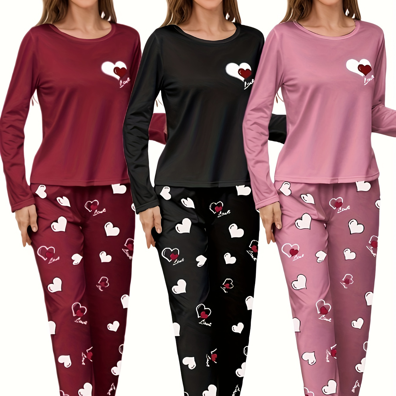 

6pcs Cozy Heart Print Pajama Set For Women - Long Sleeve Crew Neck Tops & Waist Pants In , Pinkish-purple, And Black, Soft Polyester , Machine Washable - Ideal For Autumn & , Ladies Pajama Sets