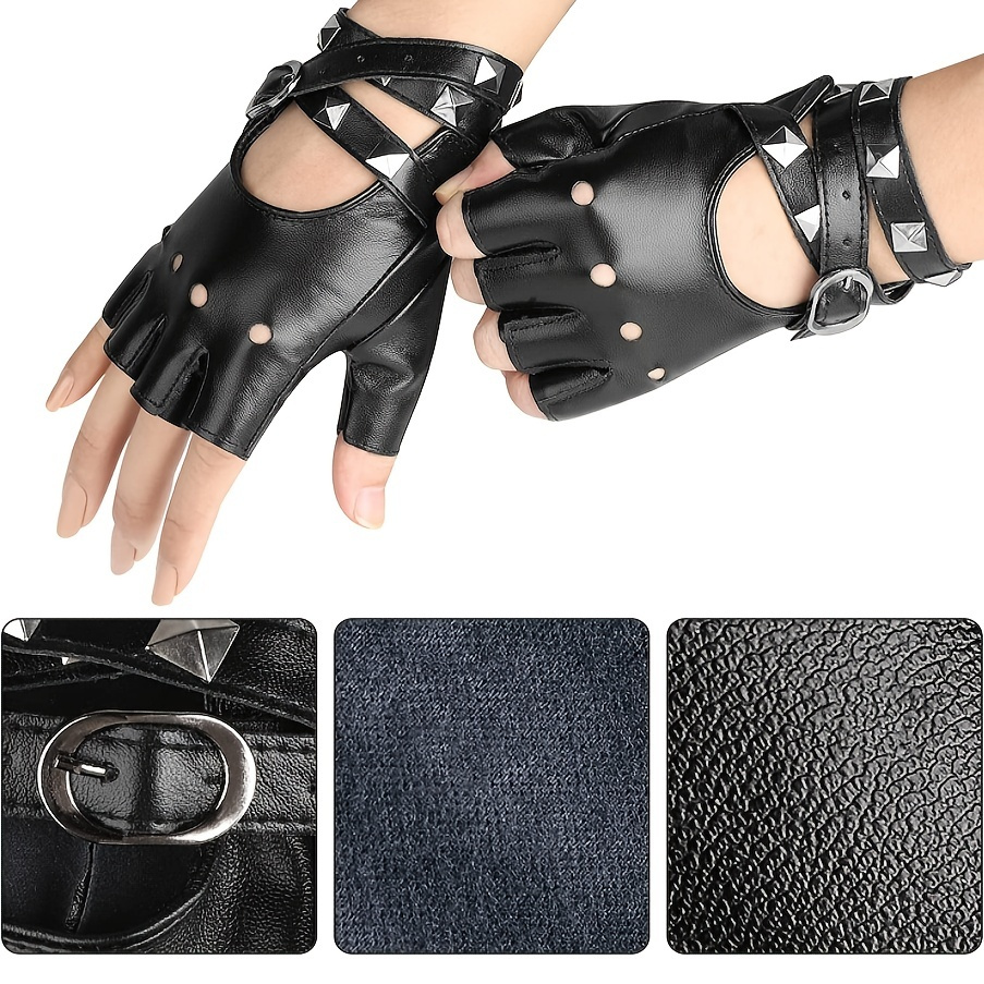 1pair Women Punk Rivets Belt Half Finger Gloves Fingerless Pu Leather  Performance Gloves Dance Gloves Jazz Style Gloves Riving Cycling Sports  Cosplay Performance Red Black White For Women And Teens Kids