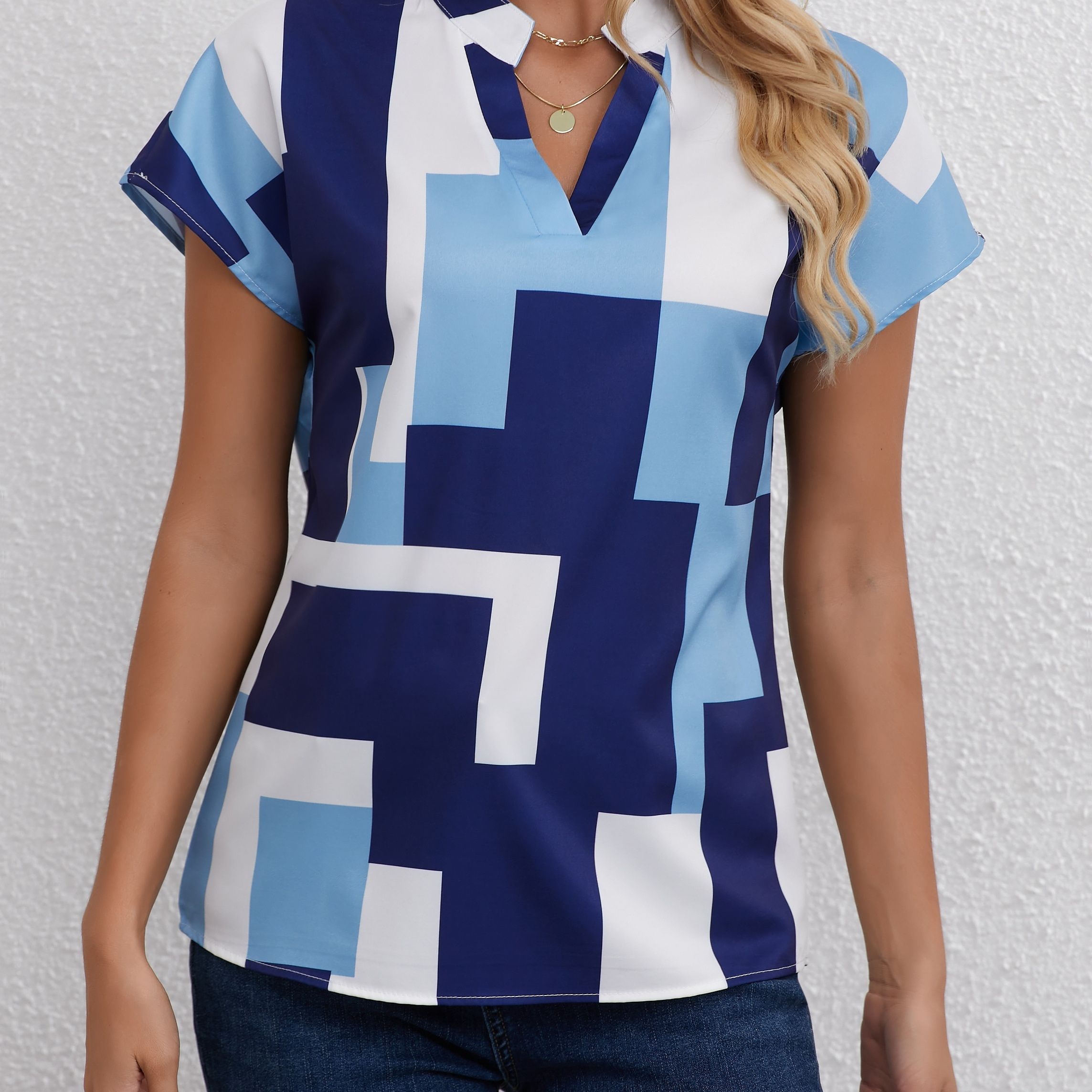 

Geometric Print V Neck Blouse, Elegant Short Sleeve Top For Spring & Summer, Women's Clothing