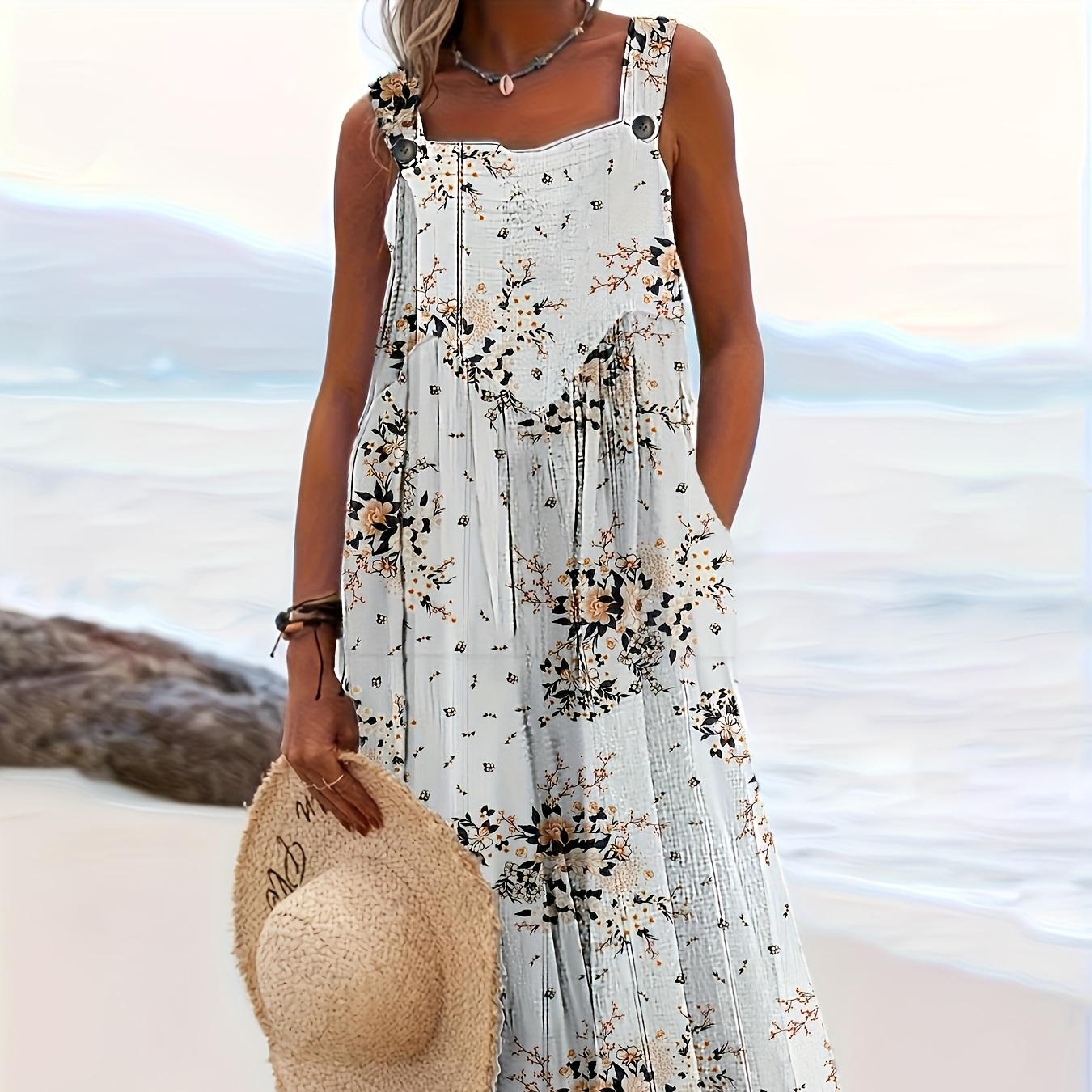 

Robe débardeur à imprimé floral grande taille, robe maxi décontractée sans manches pour le printemps et l'été, vêtements grande taille pour femmes