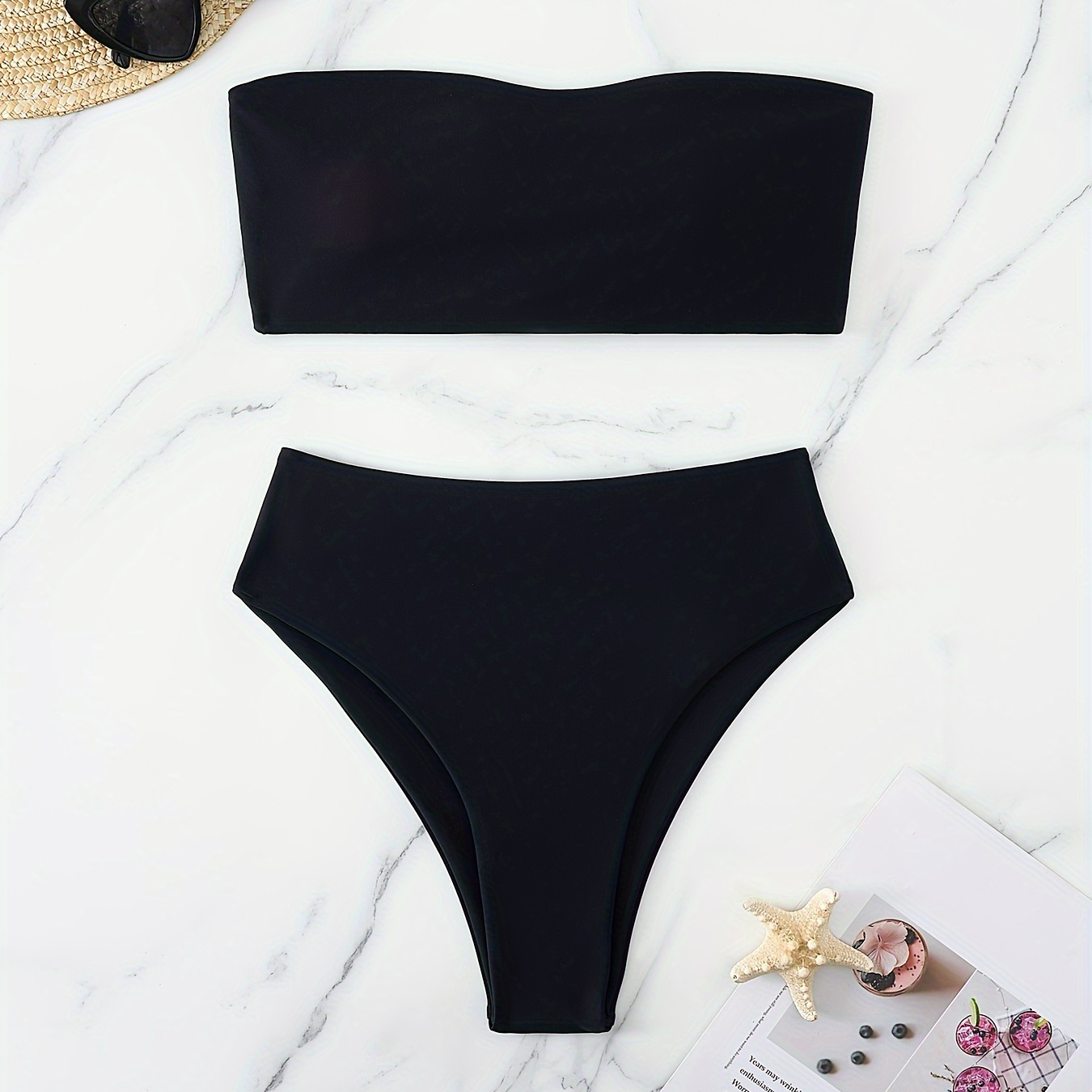 

Women's Multi-functional Tied Bikini Set - High Cut, Pure Black High Waisted Shorts, High Stretch Knit, Bra With Adjustable Details On The Back, Durable And Comfortable