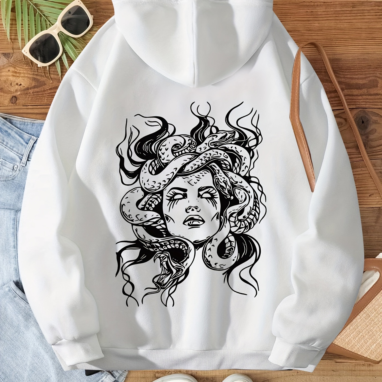 

Medusa Print Hoodie, Drawstring Casual Hooded Sweatshirt For Winter & Fall, Women's Clothing