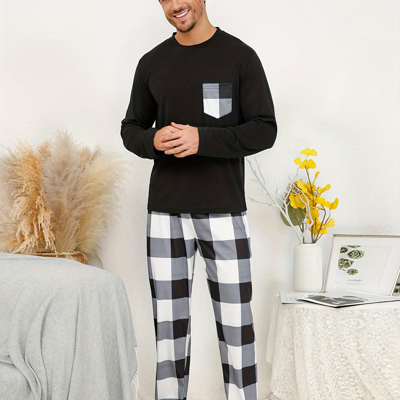 

2 Pcs Men's Cool Long Sleeves With Pocket & Plaid Pants Pajama Sets, Comfortable & Skin-friendly Style Pajamas For Men's Cozy Loungewear