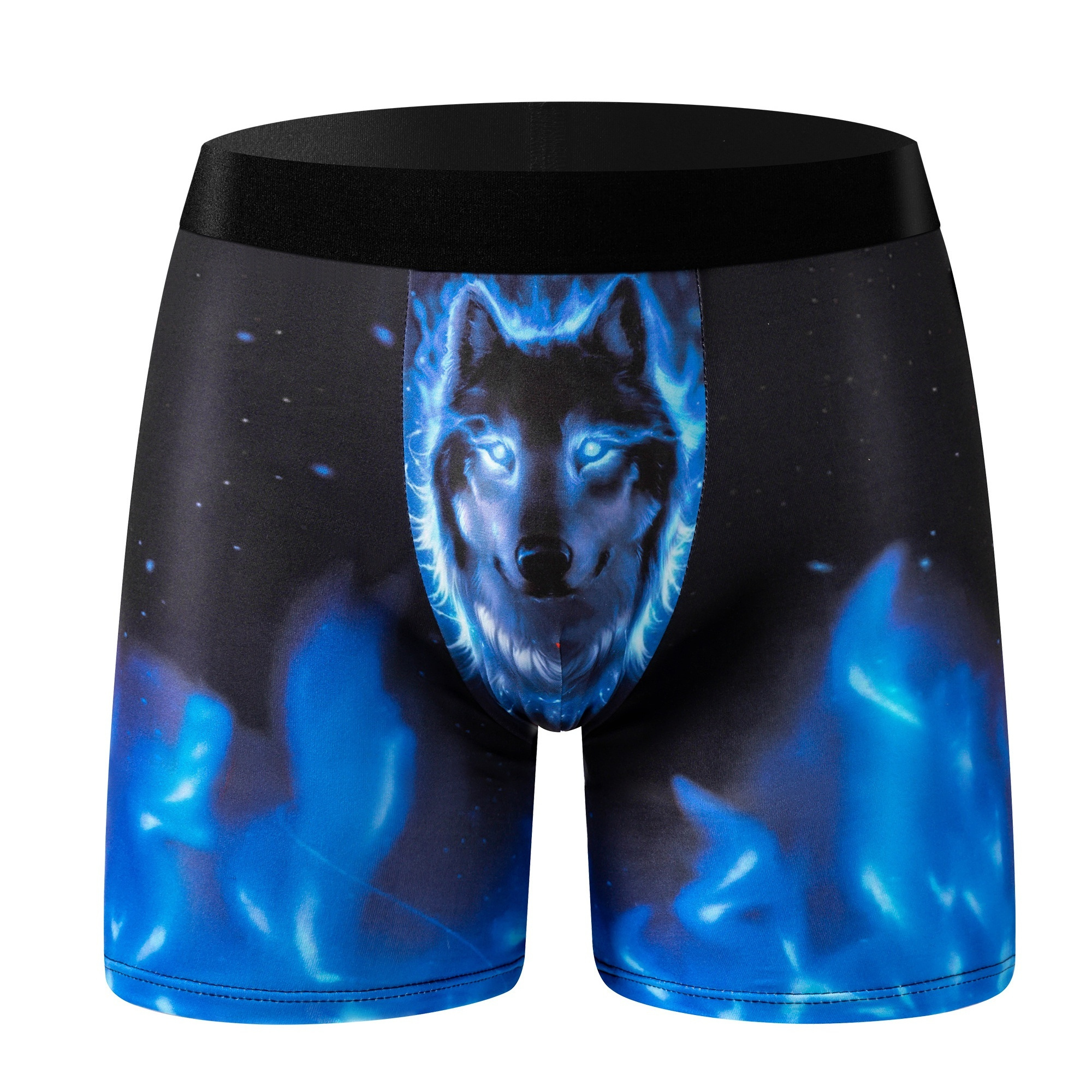 

Blue Flame Wolf Pattern Print Men's Novelty Elastic Boxer Briefs Shorts, Breathable And Comfortable Underwear
